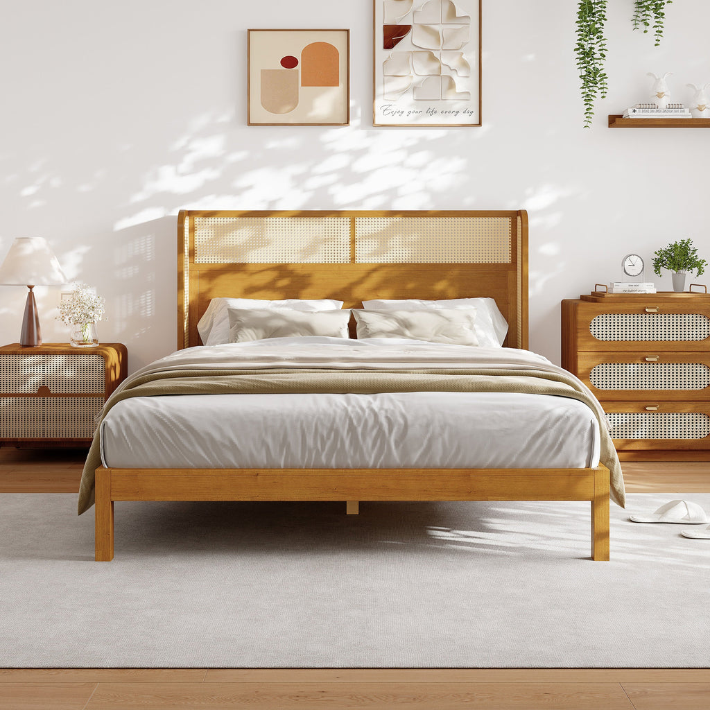 Premium Rubber Wood Platform Queen Bed Frame with Headboard