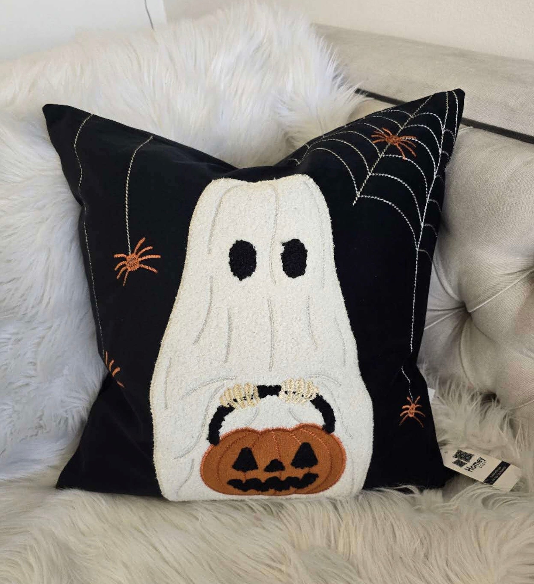 Halloween Ghost With Pumpkin Bucket Throw Pillow