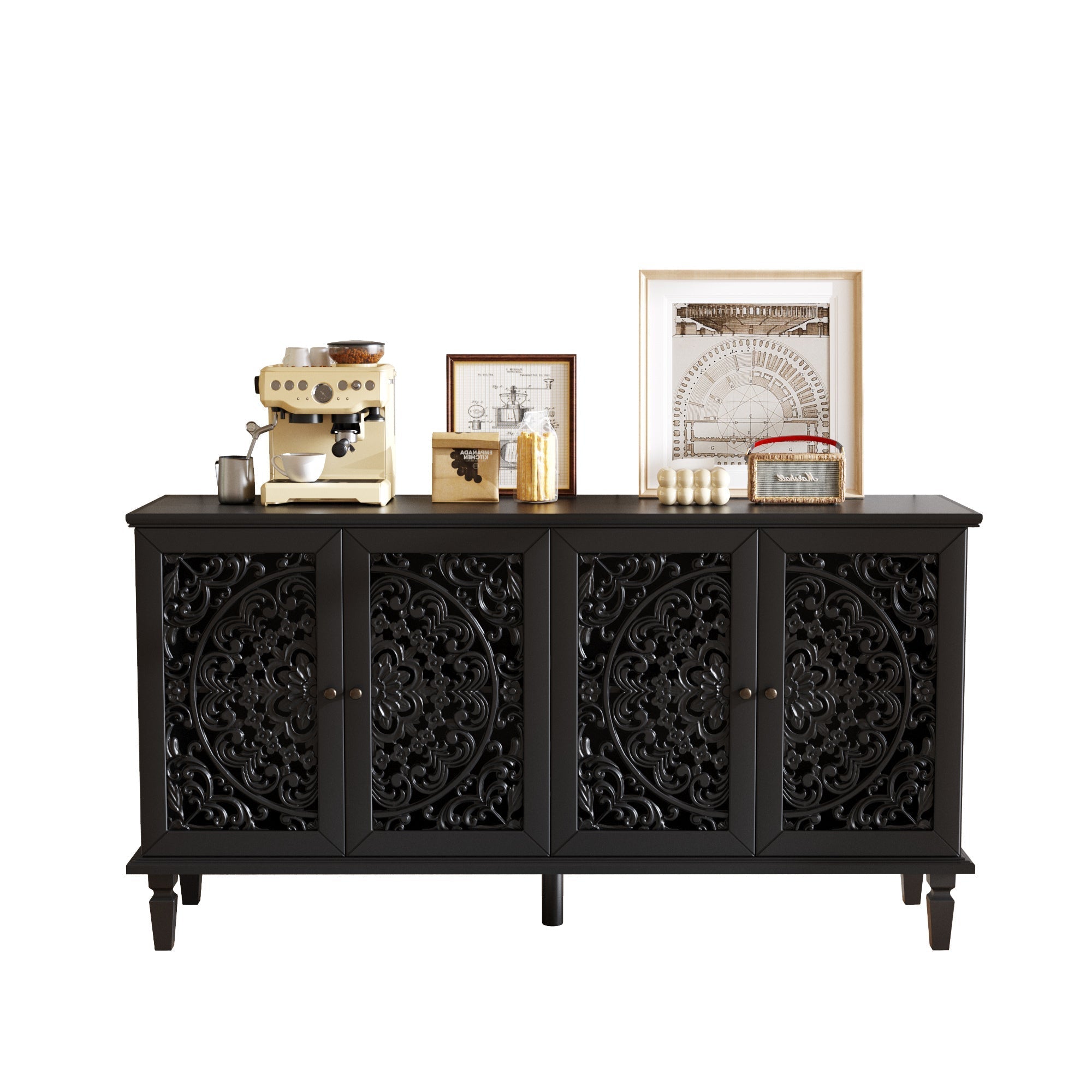 60" Antique Buffet Cabinet with Floral Carvings