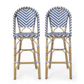 Outdoor Rattan French Barstool Set - Navy Blue & White