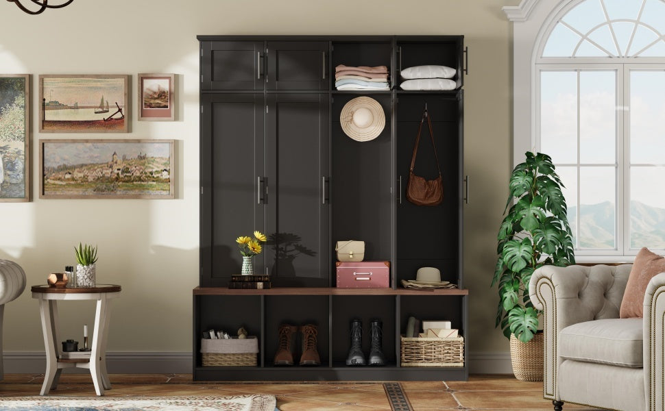 Farmhouse Hall Tree with 4 Hidden Hanging Hooks and Storage Bench