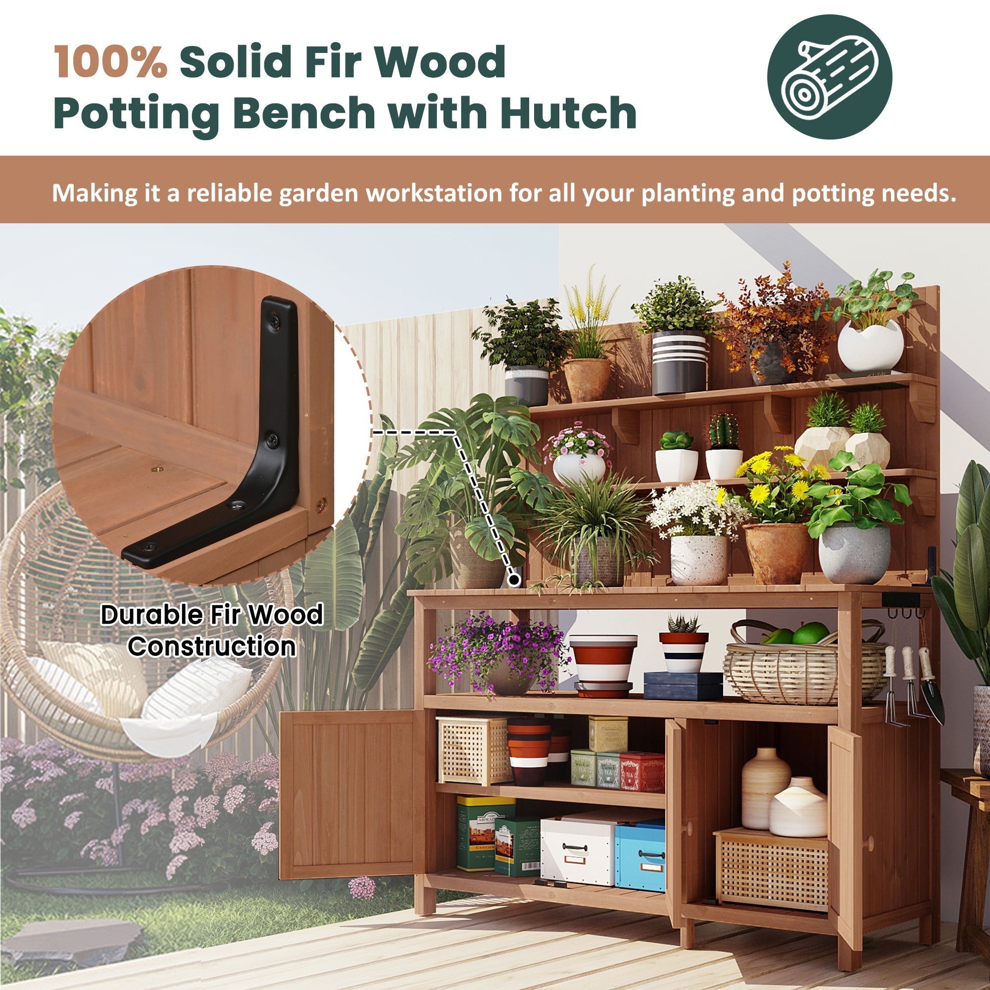 TOPMAX Potting Bench with Hutch, 50.2' Solid Fir Wood Garden Workstation