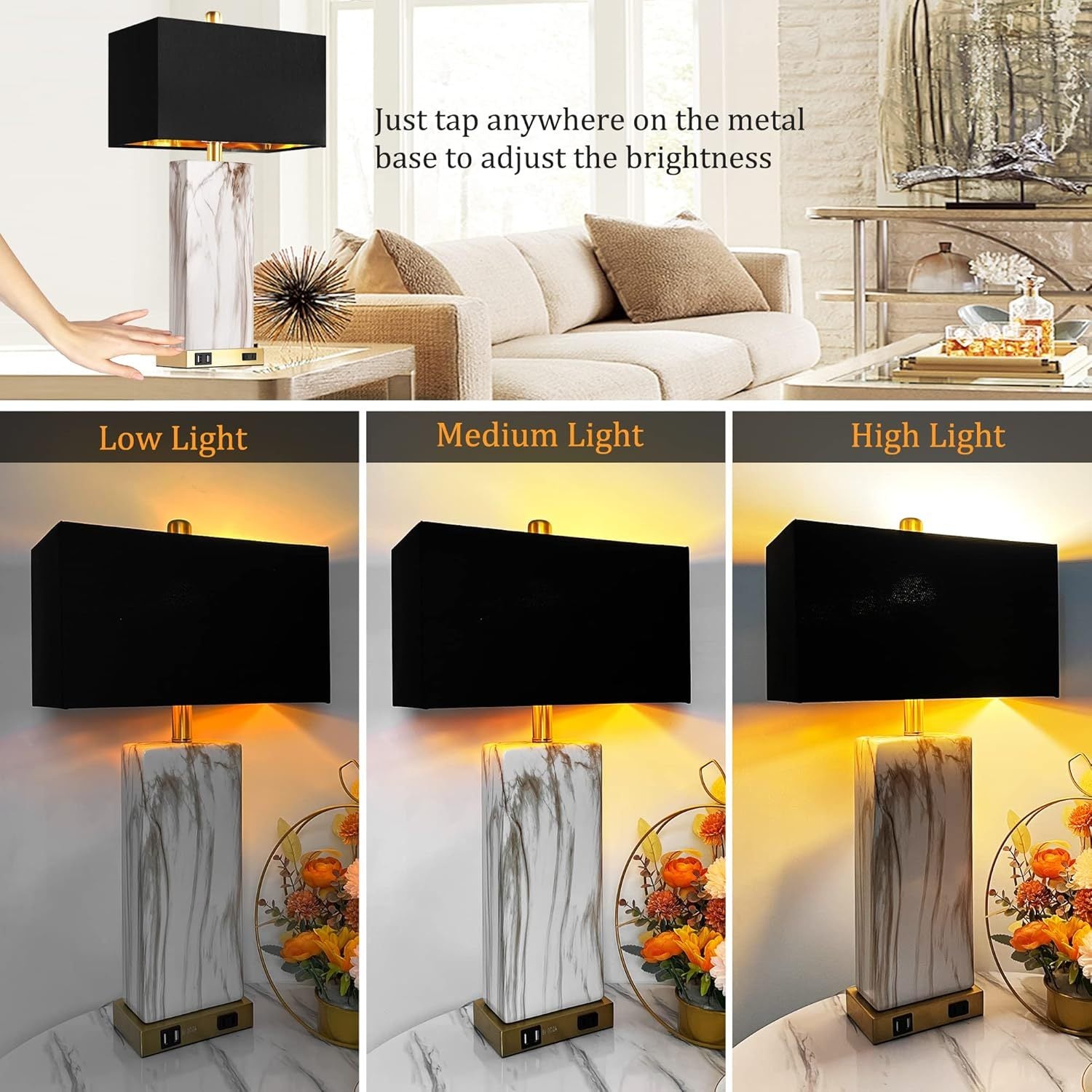 Touch Control Table Lamps Set of 2 with USB Ports and AC Outlet