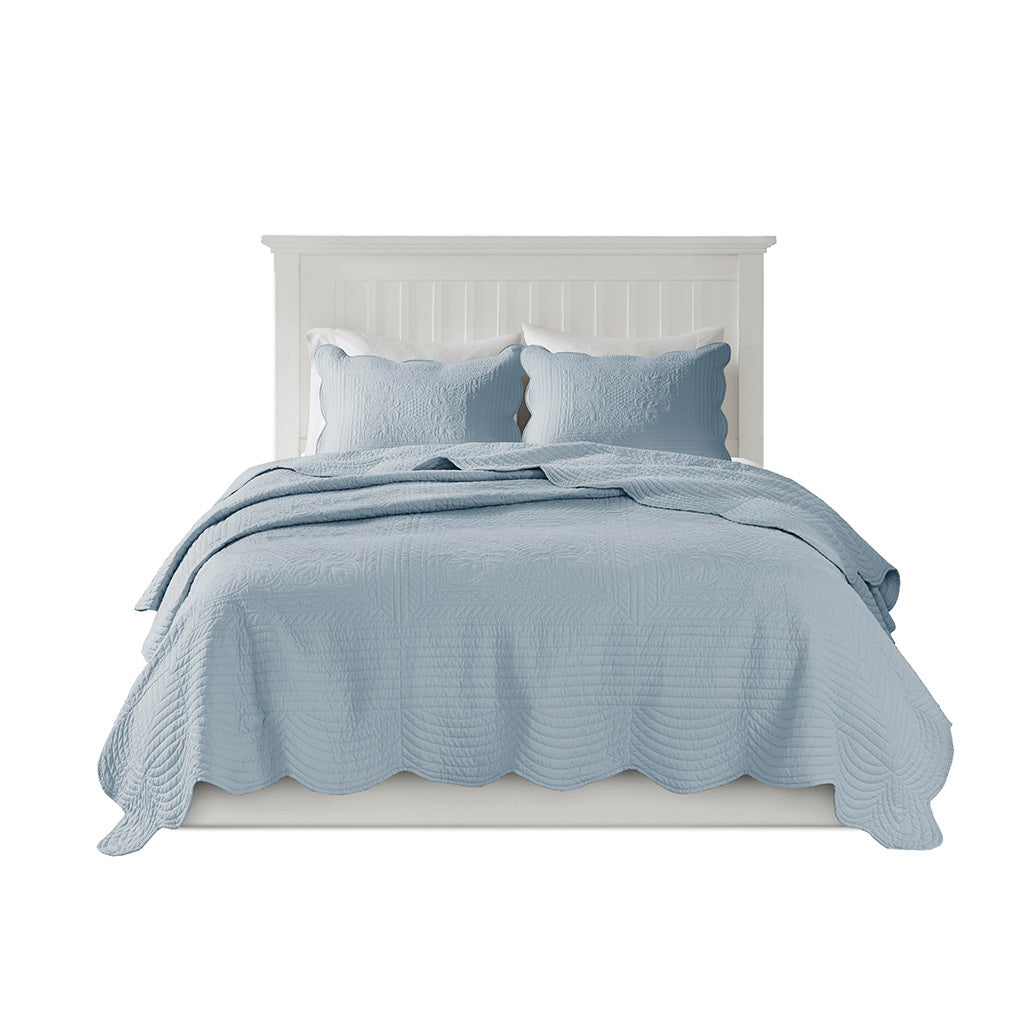 3 Piece Reversible Scalloped Edge Quilt Set - Blue King/Cal King