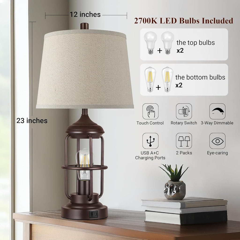 Table Lamp Set of 2 with USB Ports, Touch Control, and 3-Way Dimmable Light