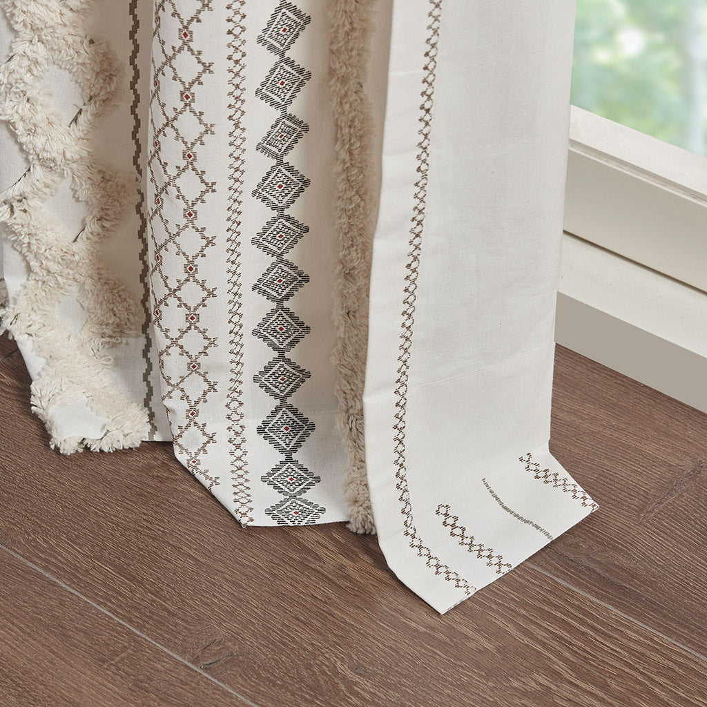 Cotton Printed Curtain Panel with Chenille Stripe and Lining Ivory 50x95