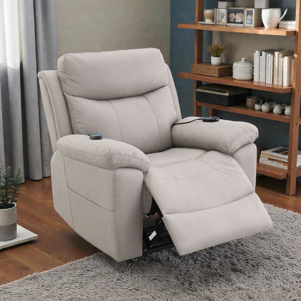 Chriki Beige Chenille & Black Finish Power Recliner with Lift, Heating, and Massage