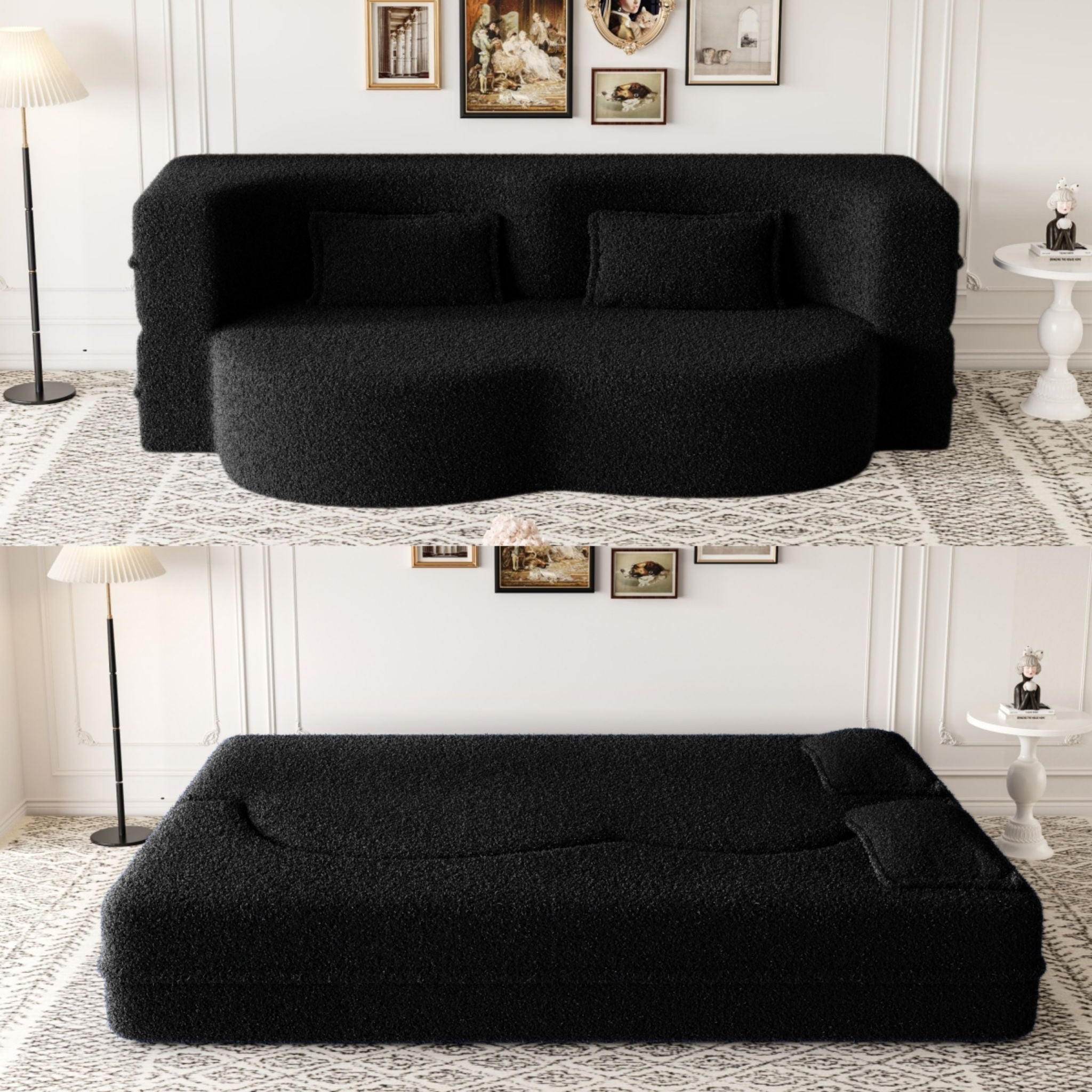 Modern Floor Sofa With Two Pillows Convertible Teddy Fabric Foam Filled Bed