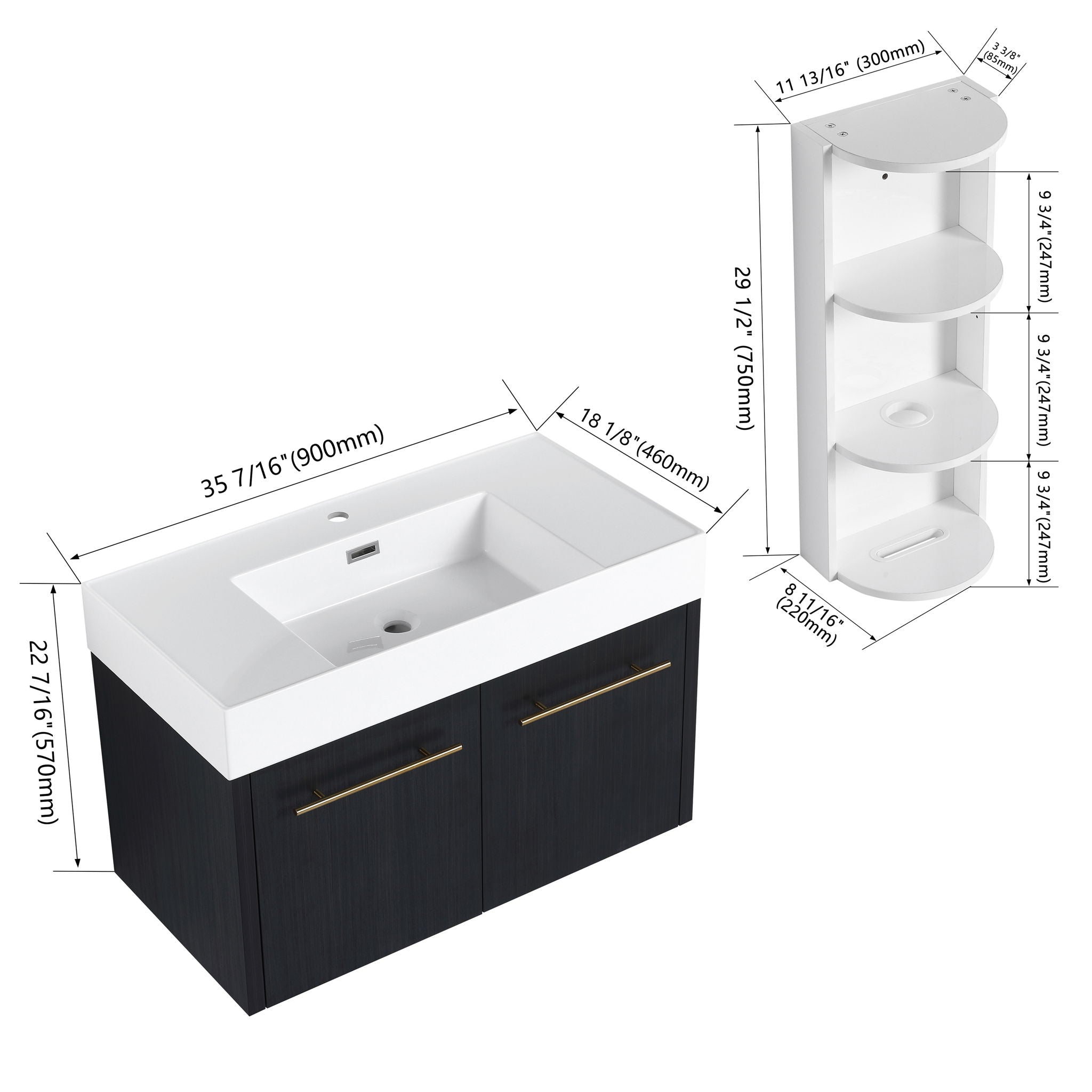 Modern Wall Mounted Bathroom Vanity with Resin Sink and Storage Rack