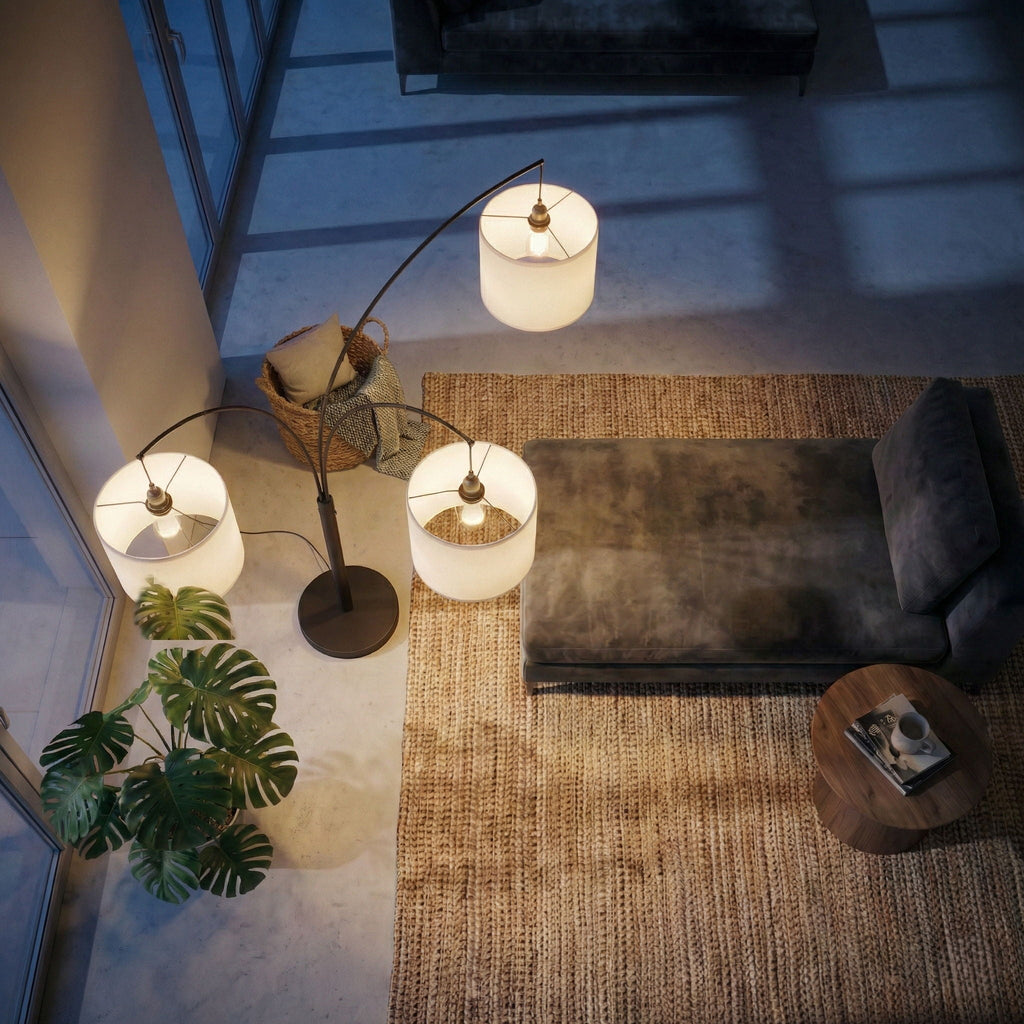 Royal - 3 Arm Arc Floor Lamp, Oil Rubbed Bonze With Linen Shade, 4 Way Rotary Switch - Oil-Rubbed Bronze