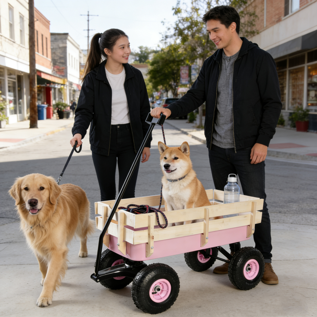 Outdoor All Terrain Garden Wagon with Wooden Railings and Pneumatic Tires