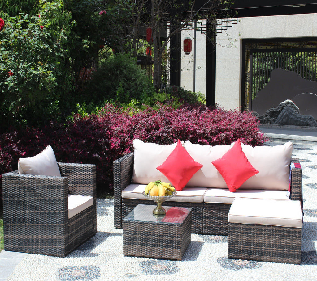 Rattan Patio Furniture Set Wicker Sofa Cushioned Sectional (4 Pieces, Brown)