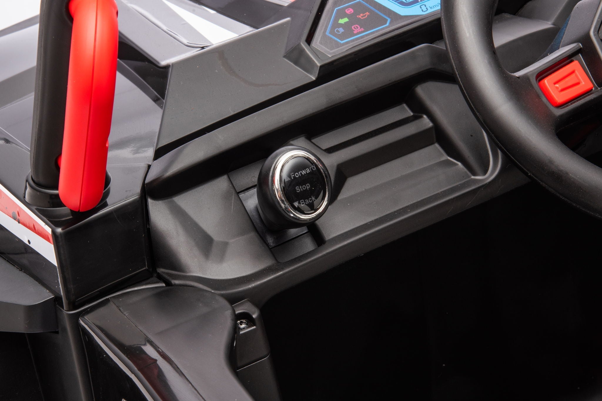 12V7A*1 30W*4 Four-Wheel Drive Seat One Button Start, Forward And Backward, High And Low Speed, Music, Front Light, Power Display, Two Doors Can Open, 2.4G R / C, Seat Belt Four Wheel Absorber