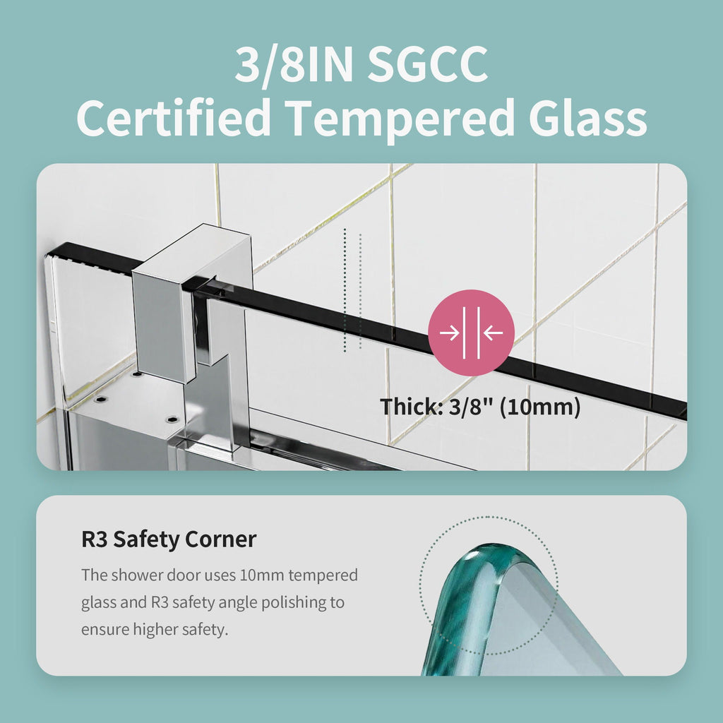 Frameless Single Sliding Soft Close Shower Doors, 3 / 8" Tempered Glass Reversible Installatio