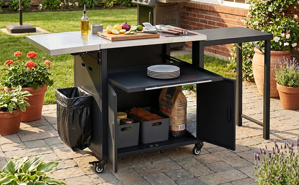 Foldable Outdoor Prep Station BBQ Cart Patio Dining Cart