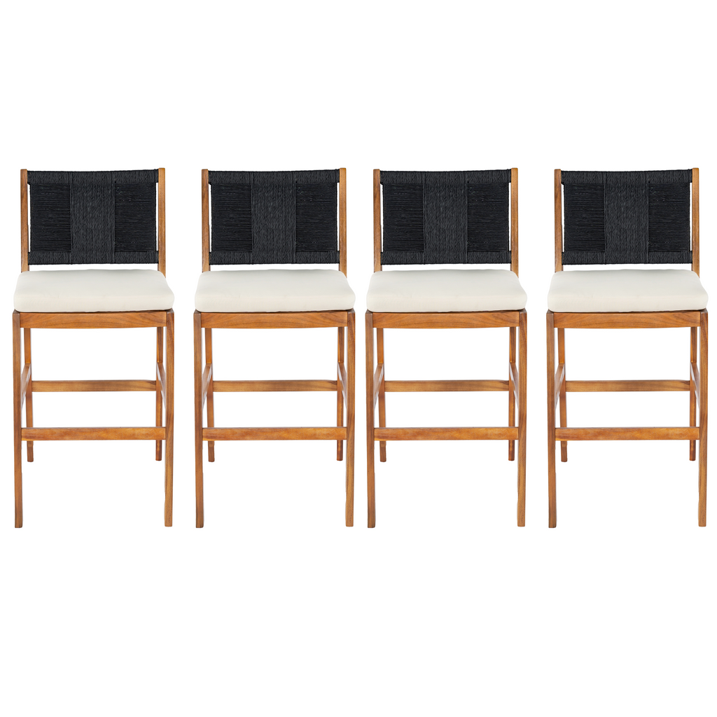 4 Pieces Arly Black Outdoor Bar Stool Solid Acacia Wood and Woven Wicker