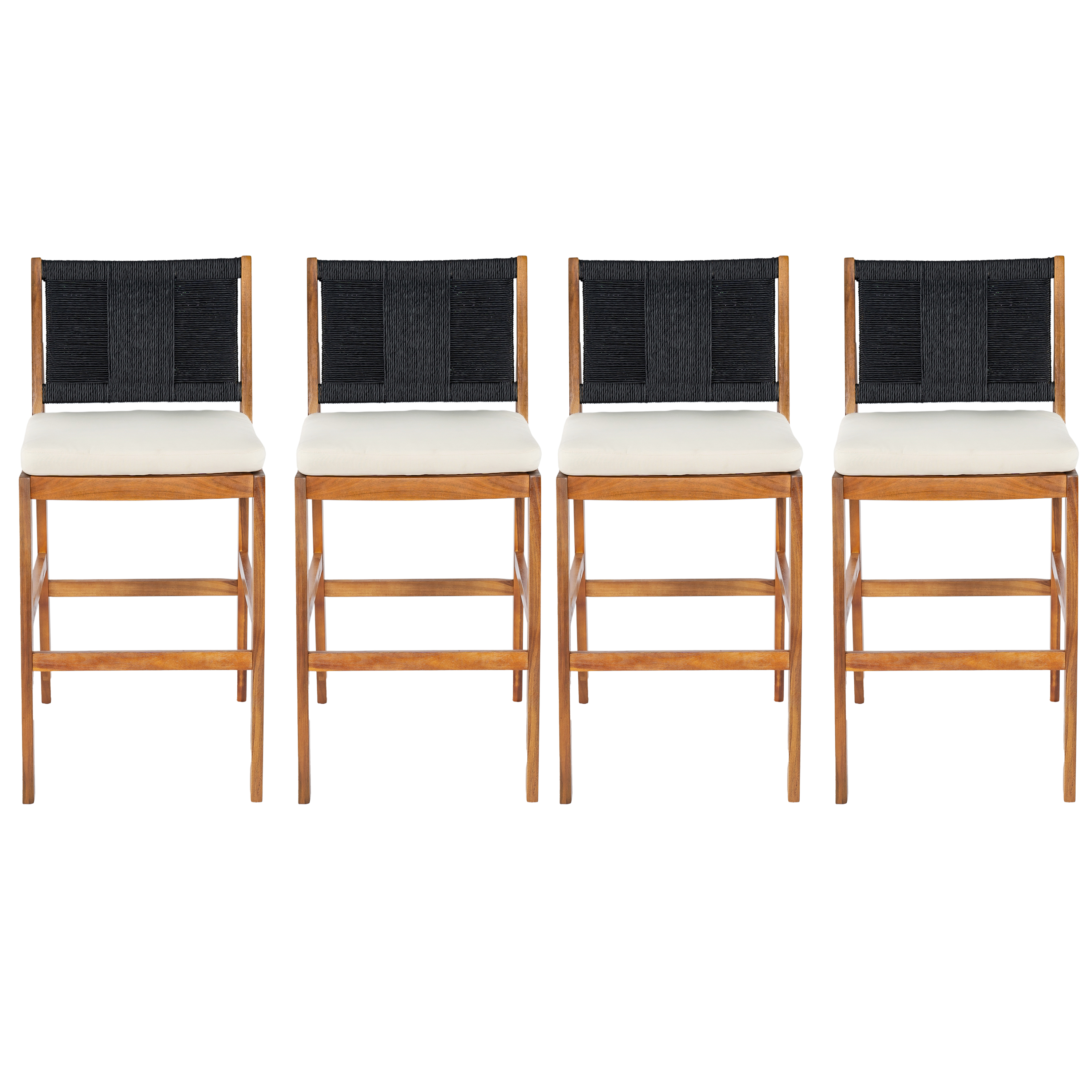 4 Pieces Arly Black Outdoor Bar Stool Solid Acacia Wood and Woven Wicker