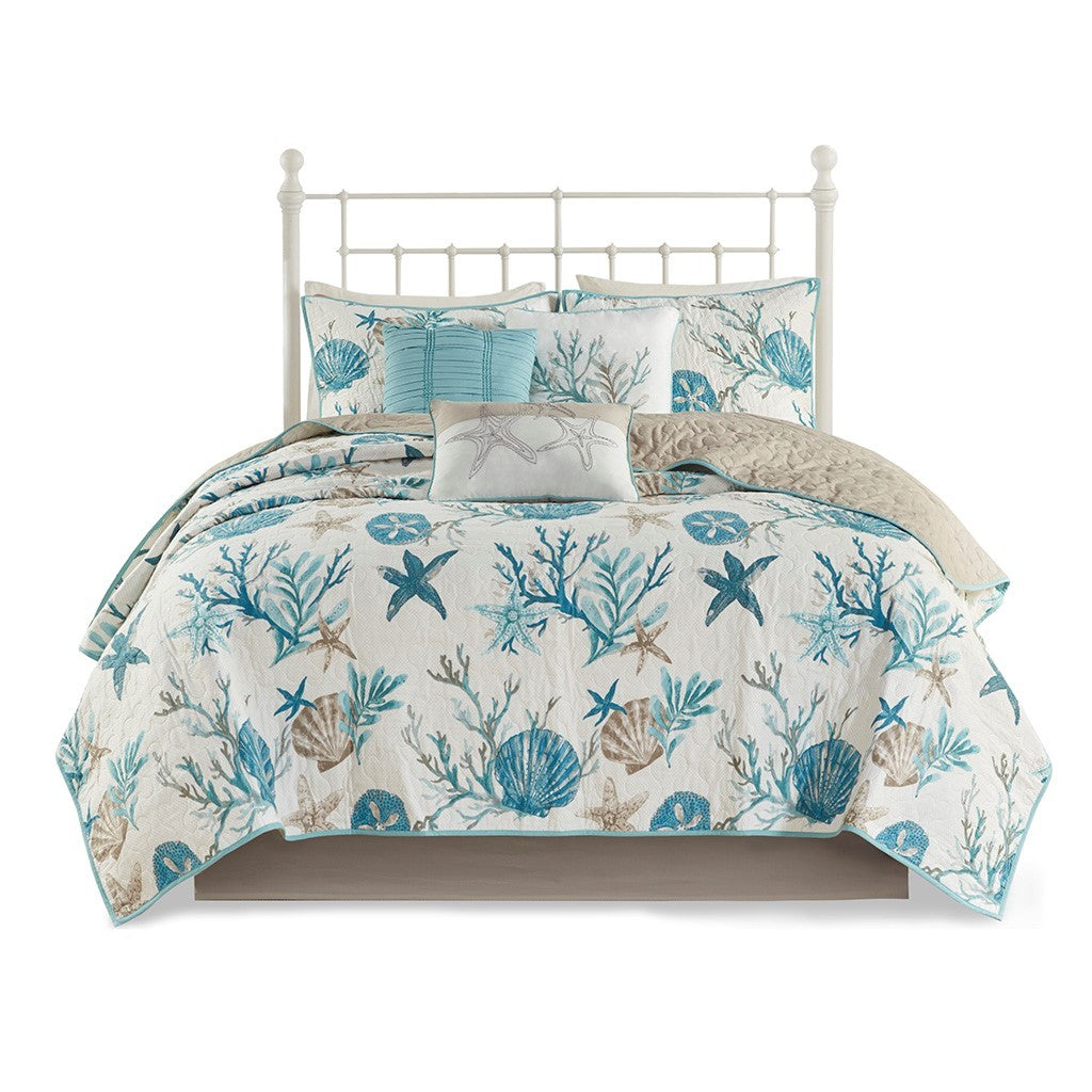 6 Piece Cotton Sateen Quilt Set with Throw Pillows Aqua King/Cal King