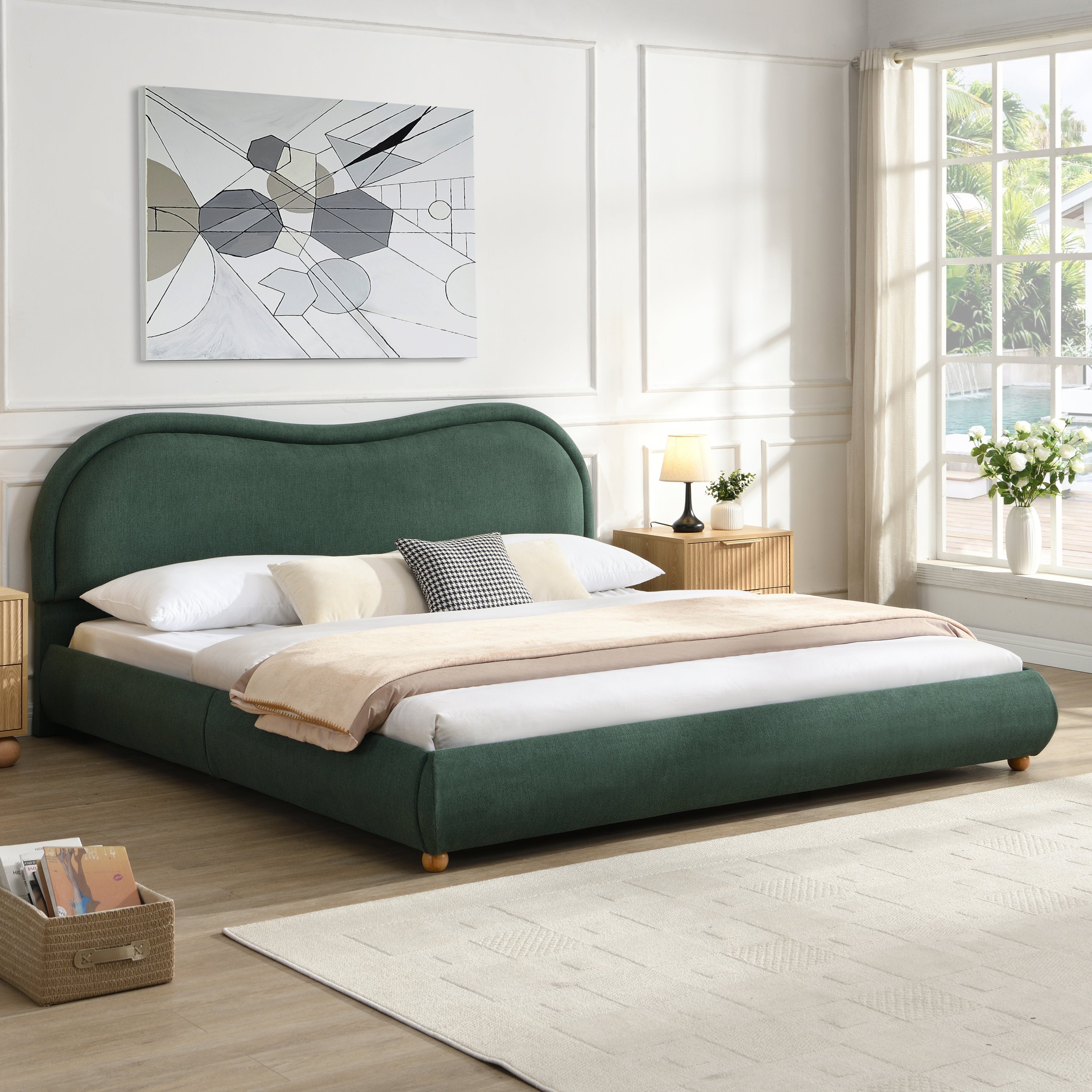 King Size Upholstered Platform Bed Frame with Rounded Corners