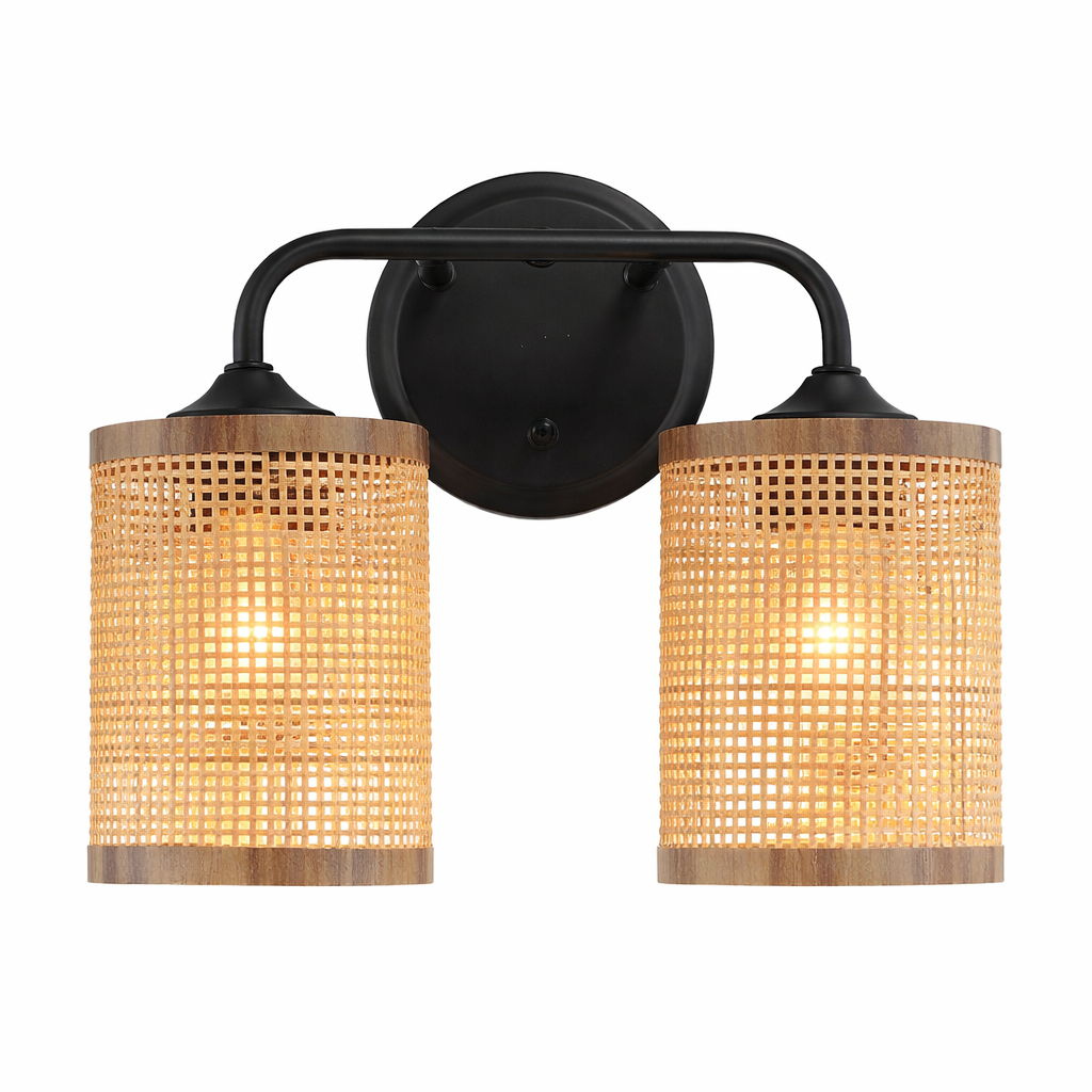 Quell - Double Light Vanity With Natural Shade Wall Lamp - Black / Rattan