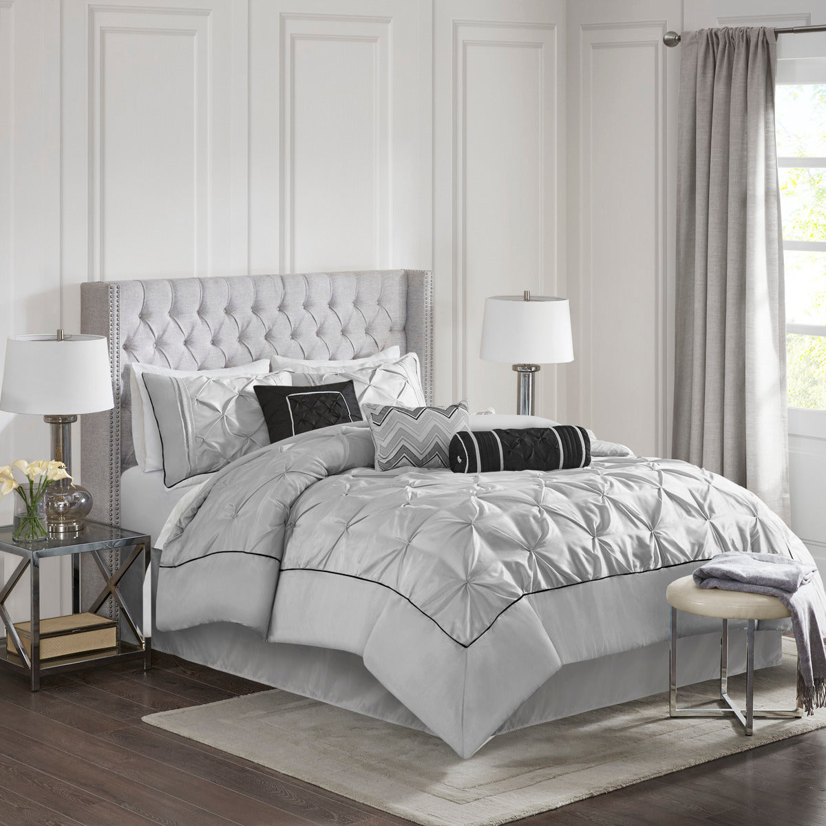 7 Piece Tufted Comforter Set Grey Queen
