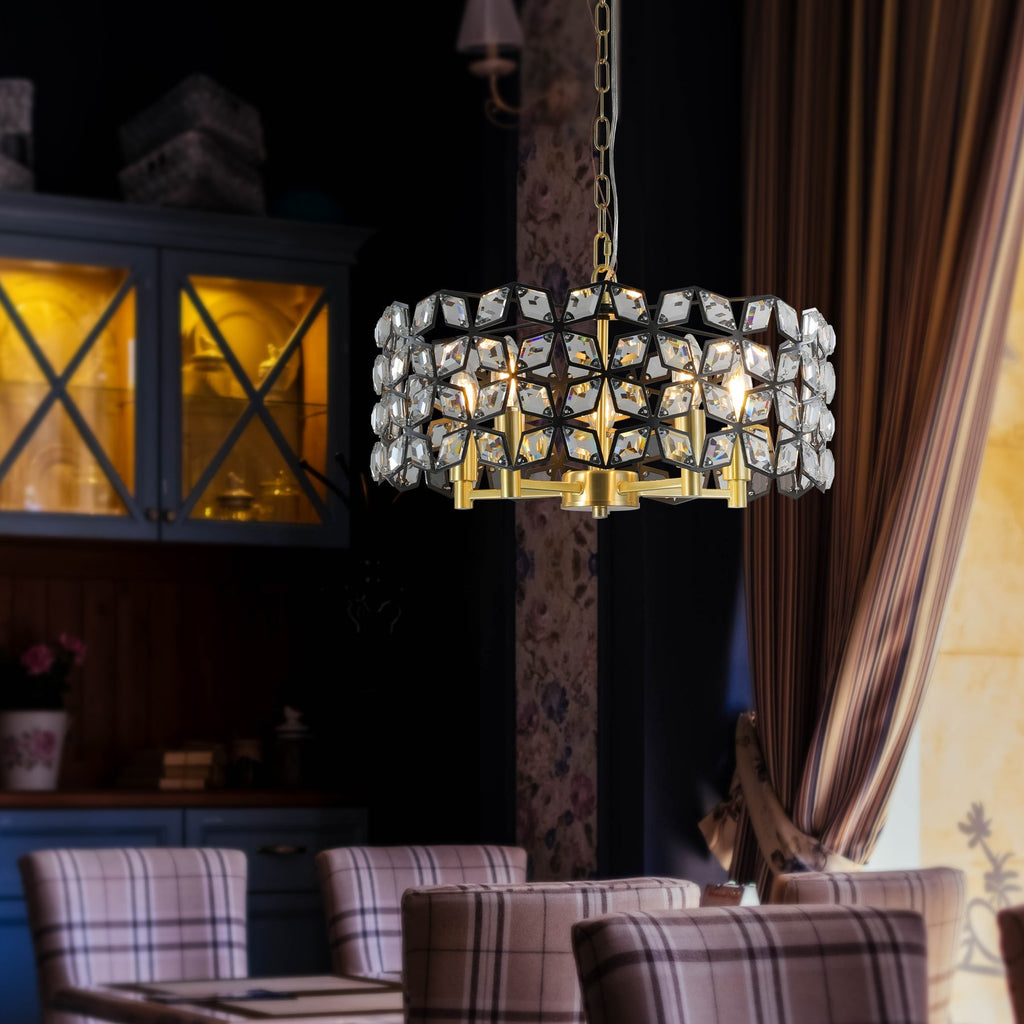 19" Geometric Crystal and Black Gold Round Pendant Chandelier