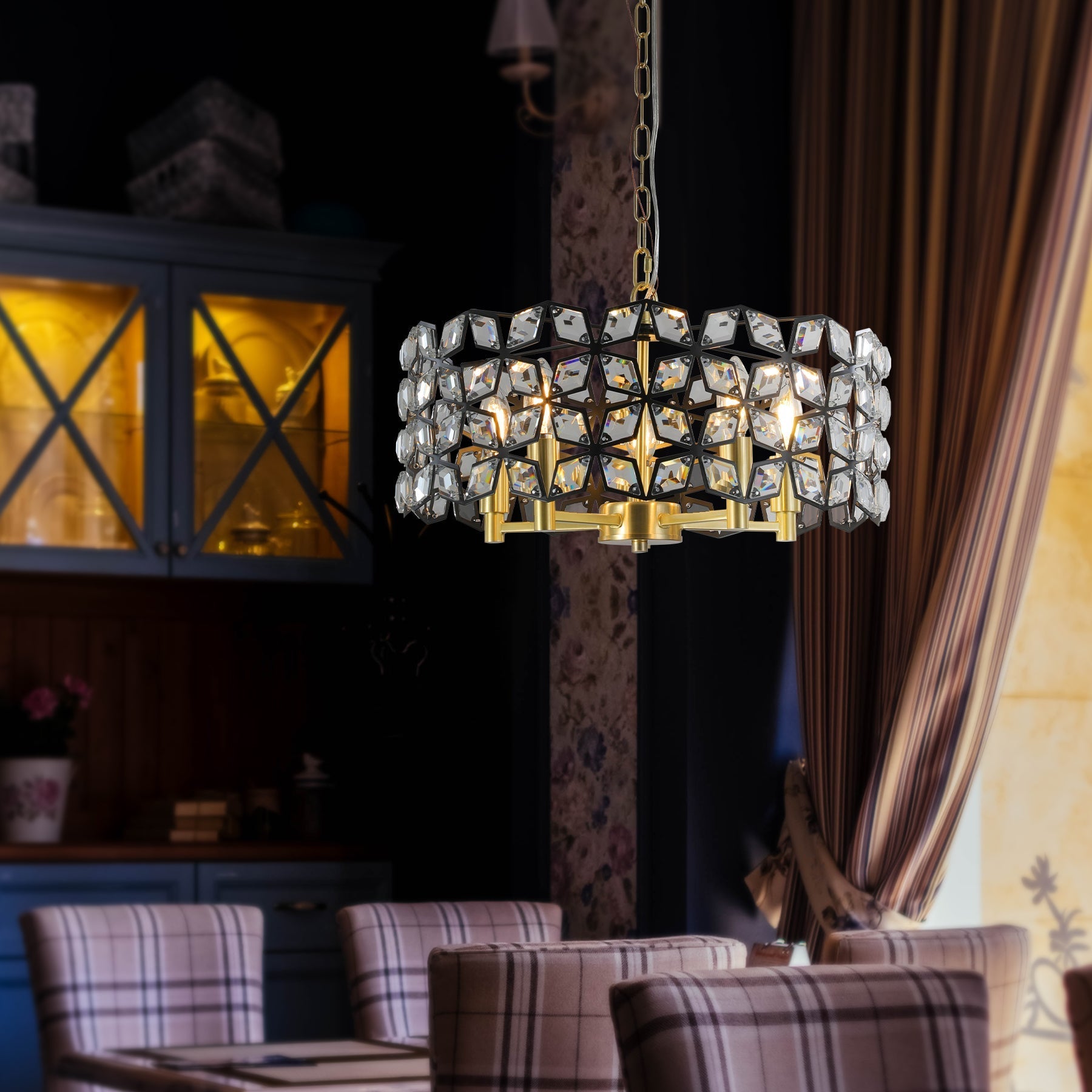 19" Geometric Crystal and Black Gold Round Pendant Chandelier