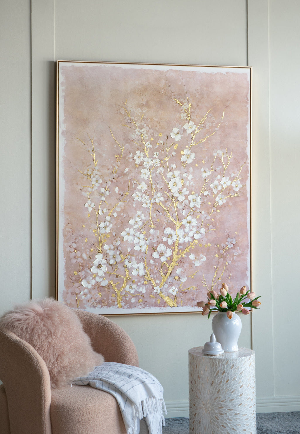 59.1x47.2 Hand-Painted Cherry Blossom Canvas Art with Blush Pink and White Finish