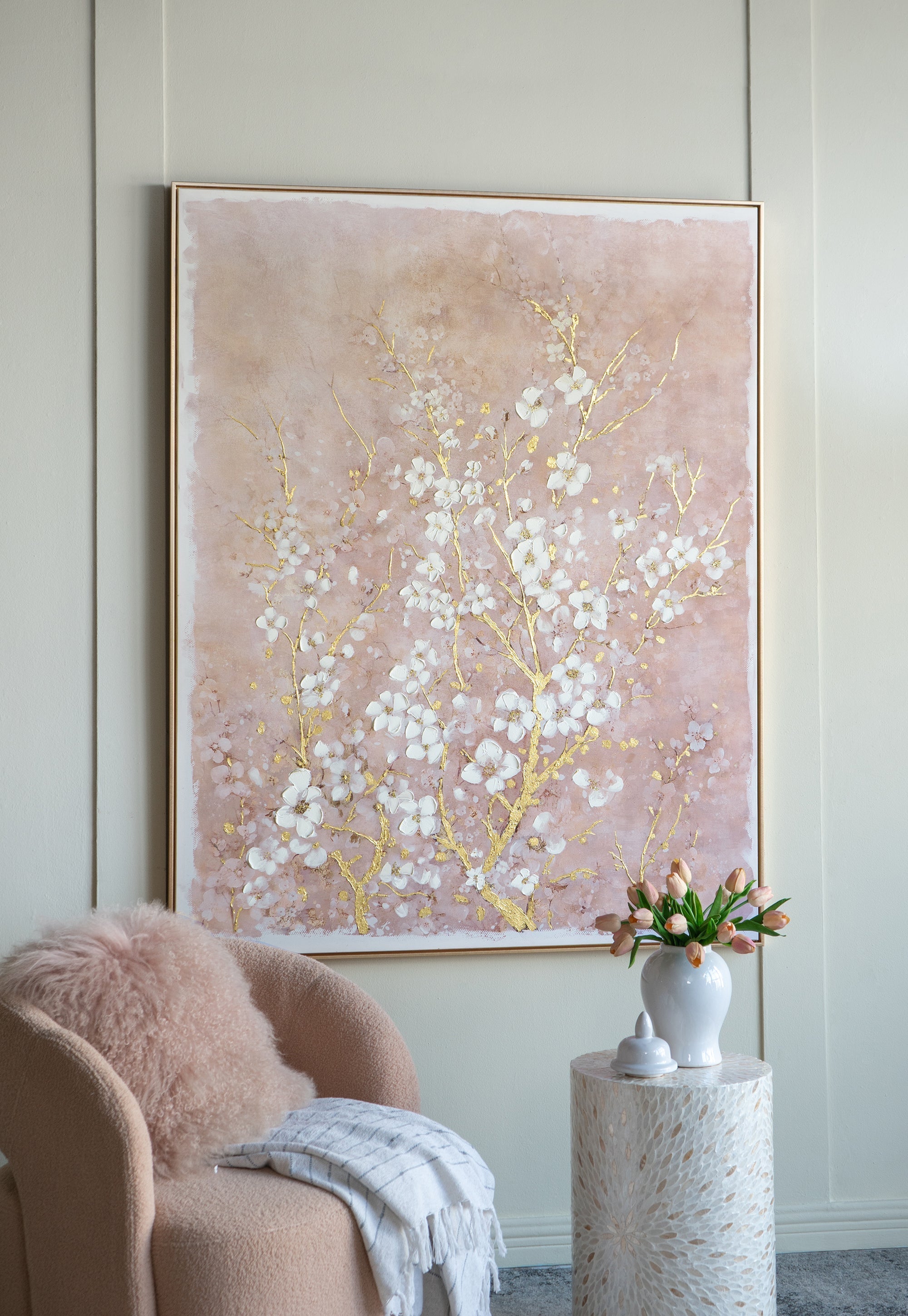 59.1x47.2 Hand-Painted Cherry Blossom Canvas Art with Blush Pink and White Finish