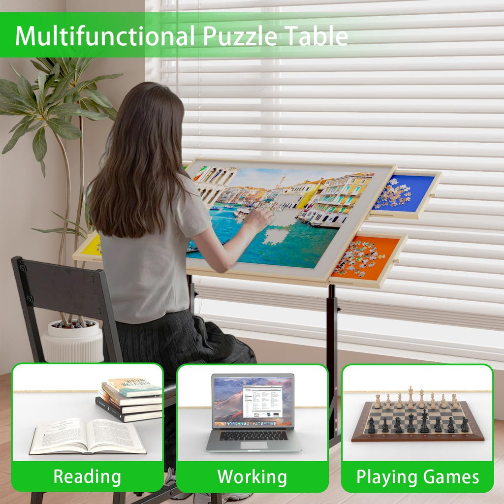 360 Degree Tilting Wooden Puzzle Table With Adjustable Height and Storage