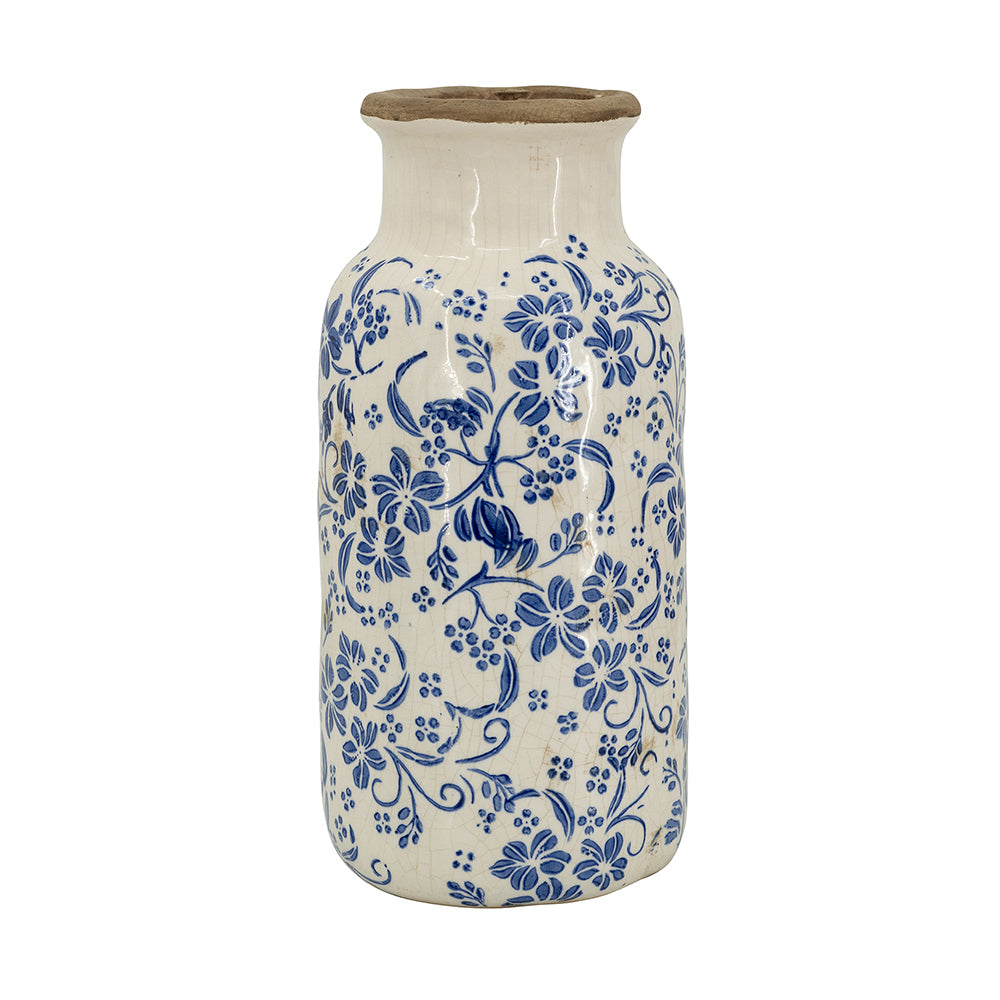 D5.7x12.5' Blue and White Ceramic Accent Vase with Traditional Floral Motifs