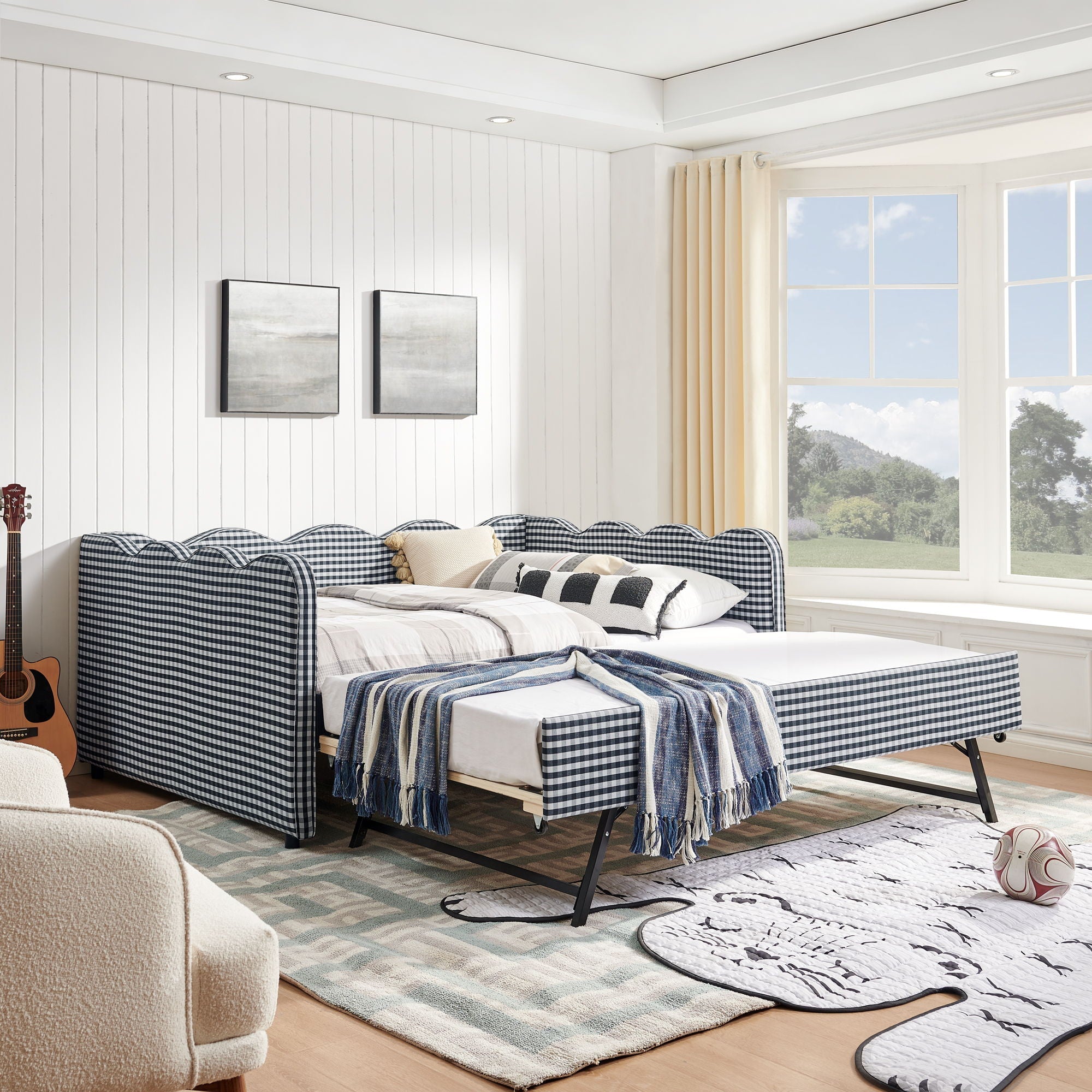 Gingham Daybed With USB Charging Port, Wave-Shaped Design
