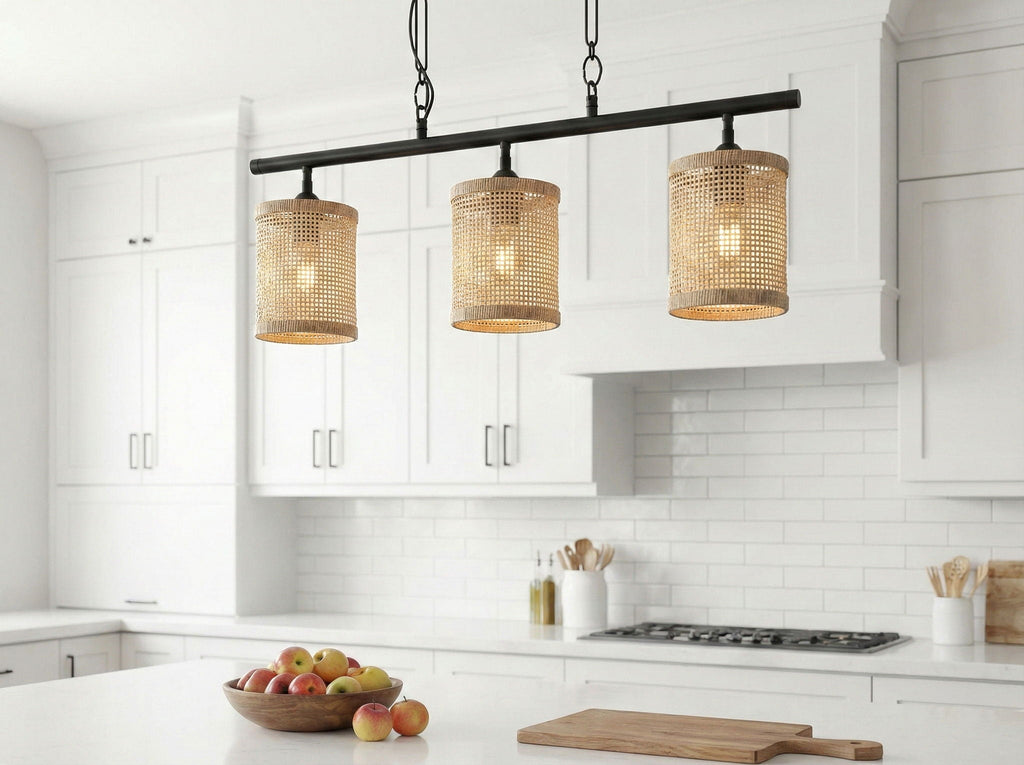 Elysian - 3 Lights Island With Natural Shade Farmhouse Chain Ceiling Lamp - Black / Rattan