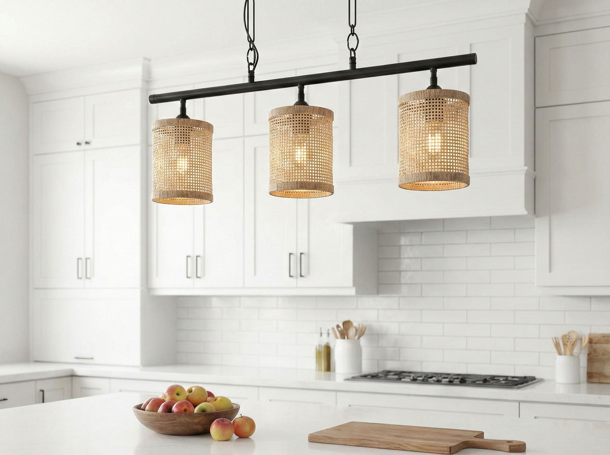 Elysian - 3 Lights Island With Natural Shade Farmhouse Chain Ceiling Lamp - Black / Rattan