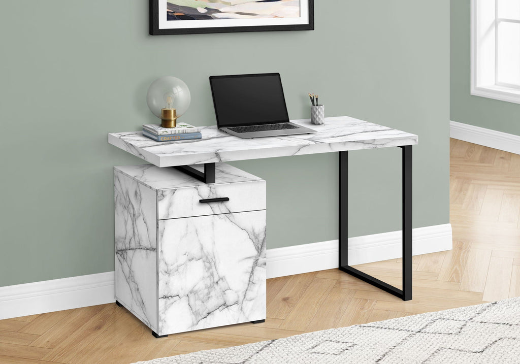 Computer Desk with Marble Look Laminate and Storage Drawers - White