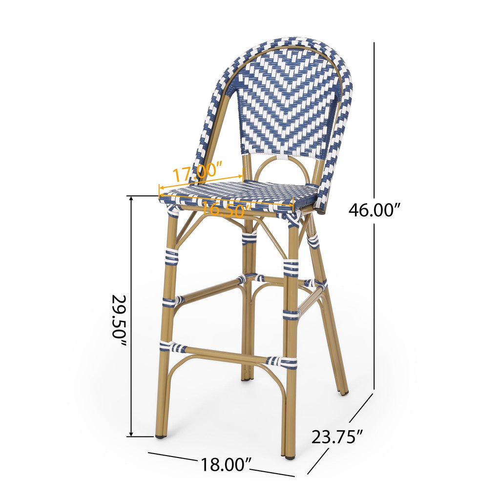 Outdoor Rattan French Barstool Set - Navy Blue & White