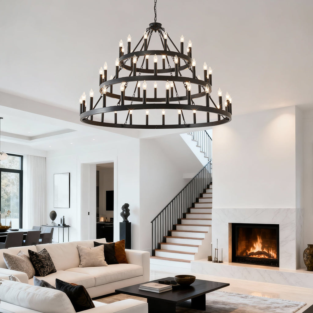 3 Tiers Wagon Wheel Chandelier - 54-Light Matte Black Metal