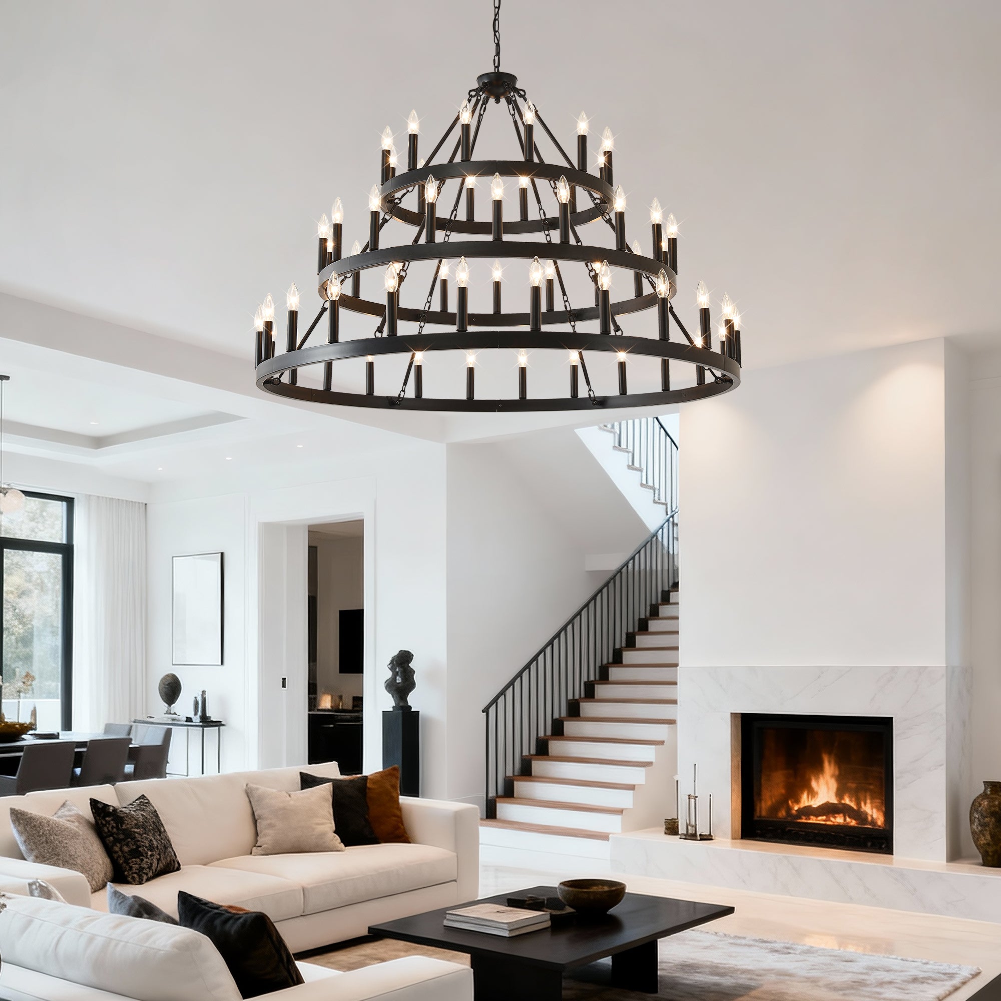 3 Tiers Wagon Wheel Chandelier - 54-Light Matte Black Metal