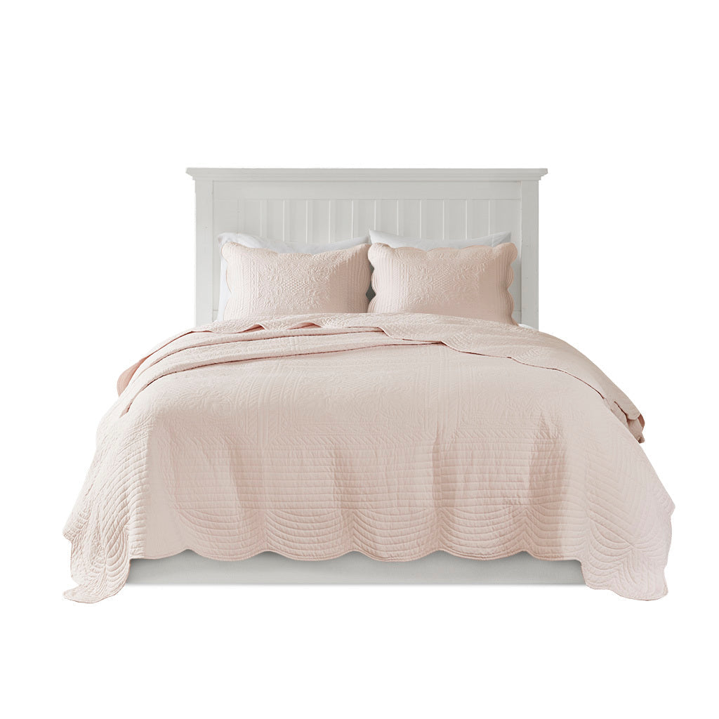 3 Piece Reversible Scalloped Edge Quilt Set - Blush King/Cal King