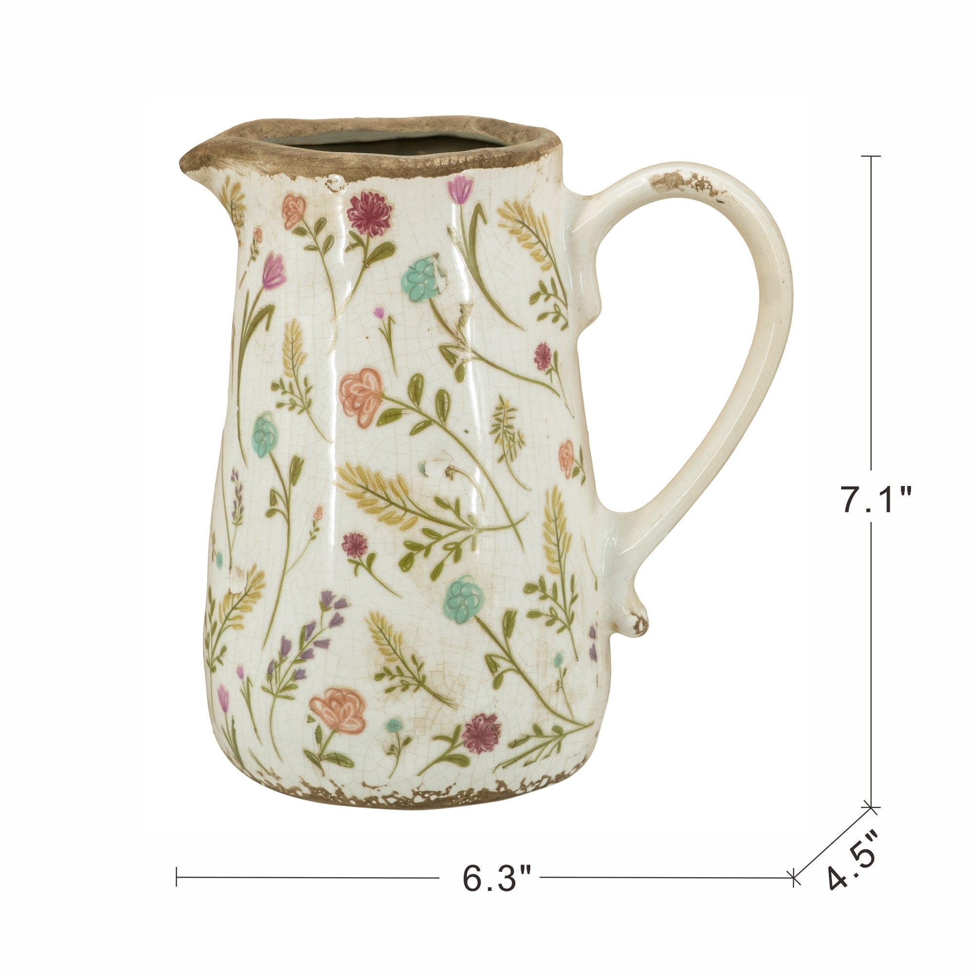 6.3x4.5x7.1' Round Ceramic Pitcher Vase with Multi-Colored Floral Motifs