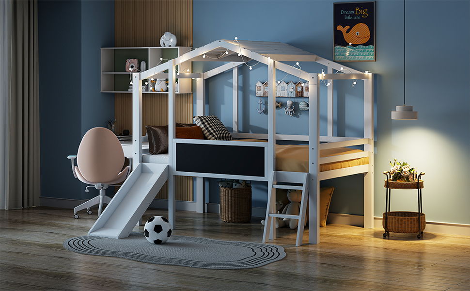 Loft House Bed With Ladder And Slide, With board And Light Strip On The Roof