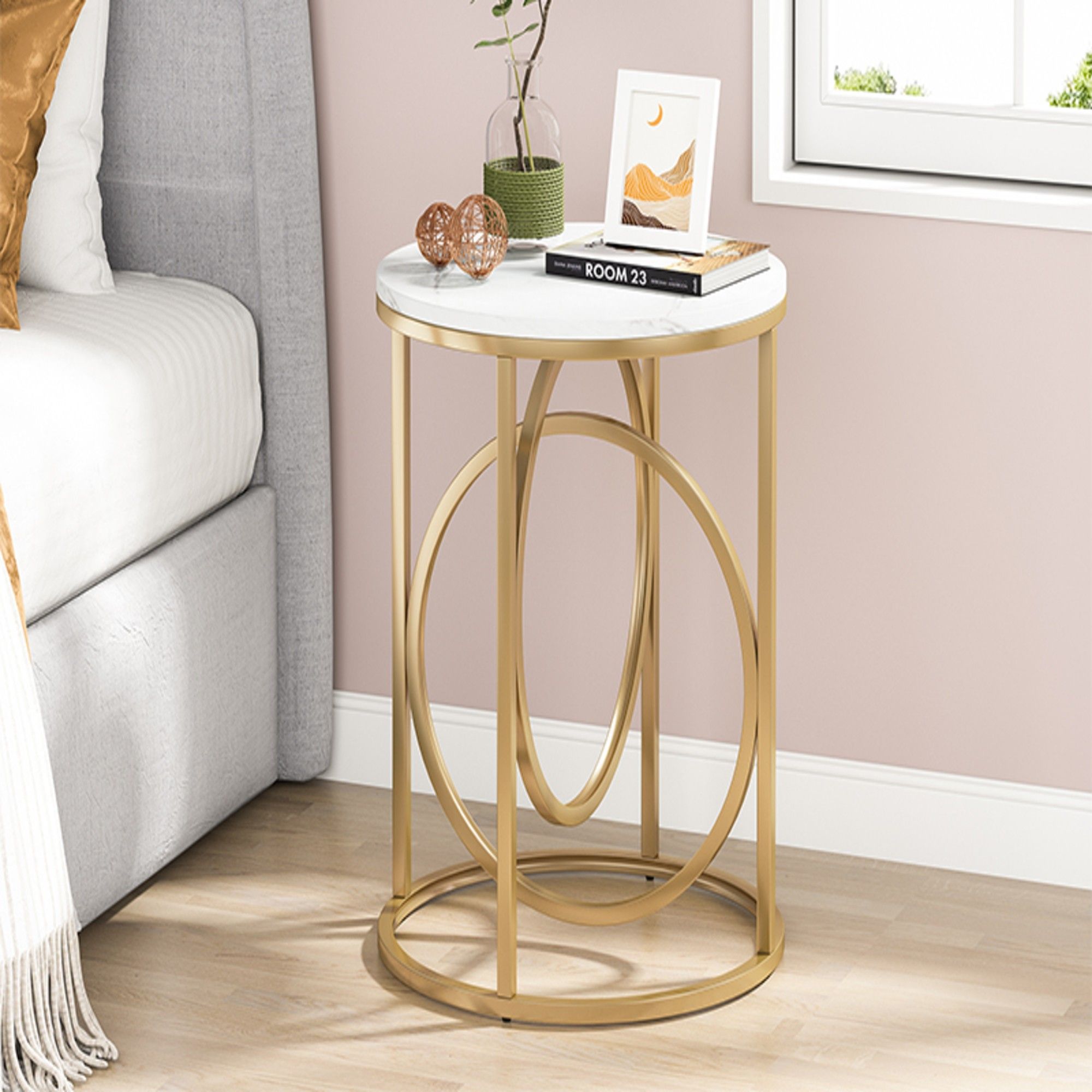 Round End Table - White / Gold