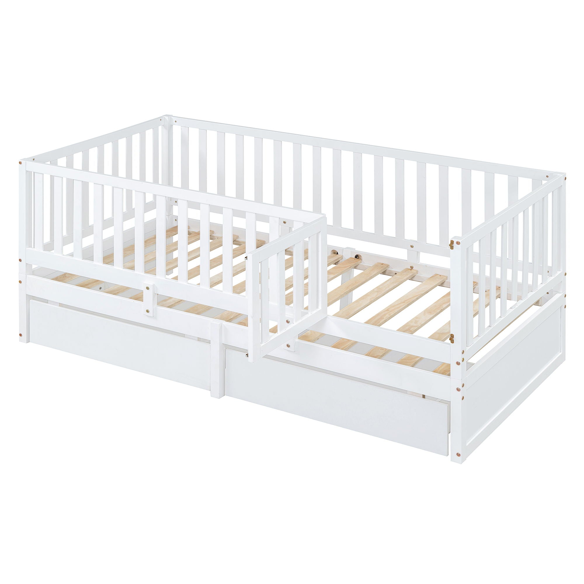 Daybed With Fence Guardrails And 2 Drawers, Split Into Independent Floor Bed & Daybed