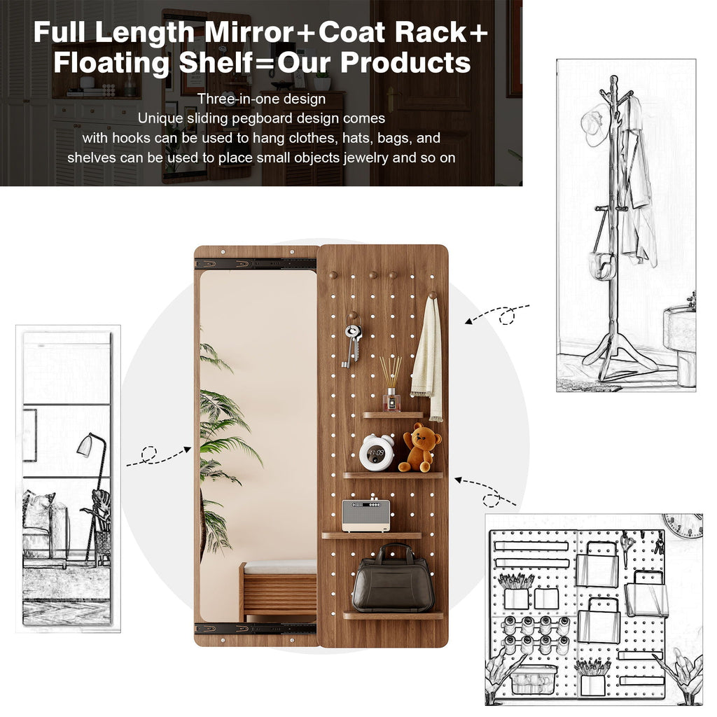 Wall Mounted Full Length Mirror With Shelf And Hook