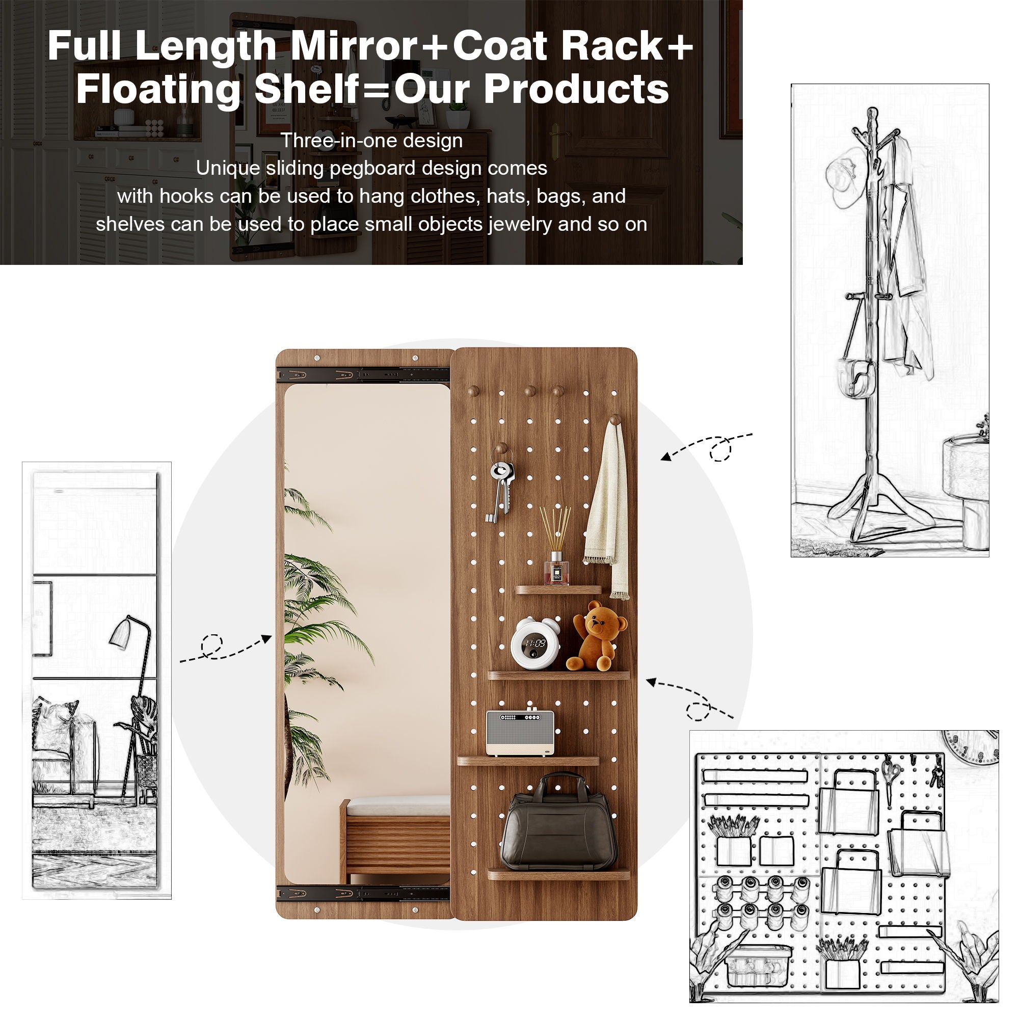 Wall Mounted Full Length Mirror With Shelf And Hook