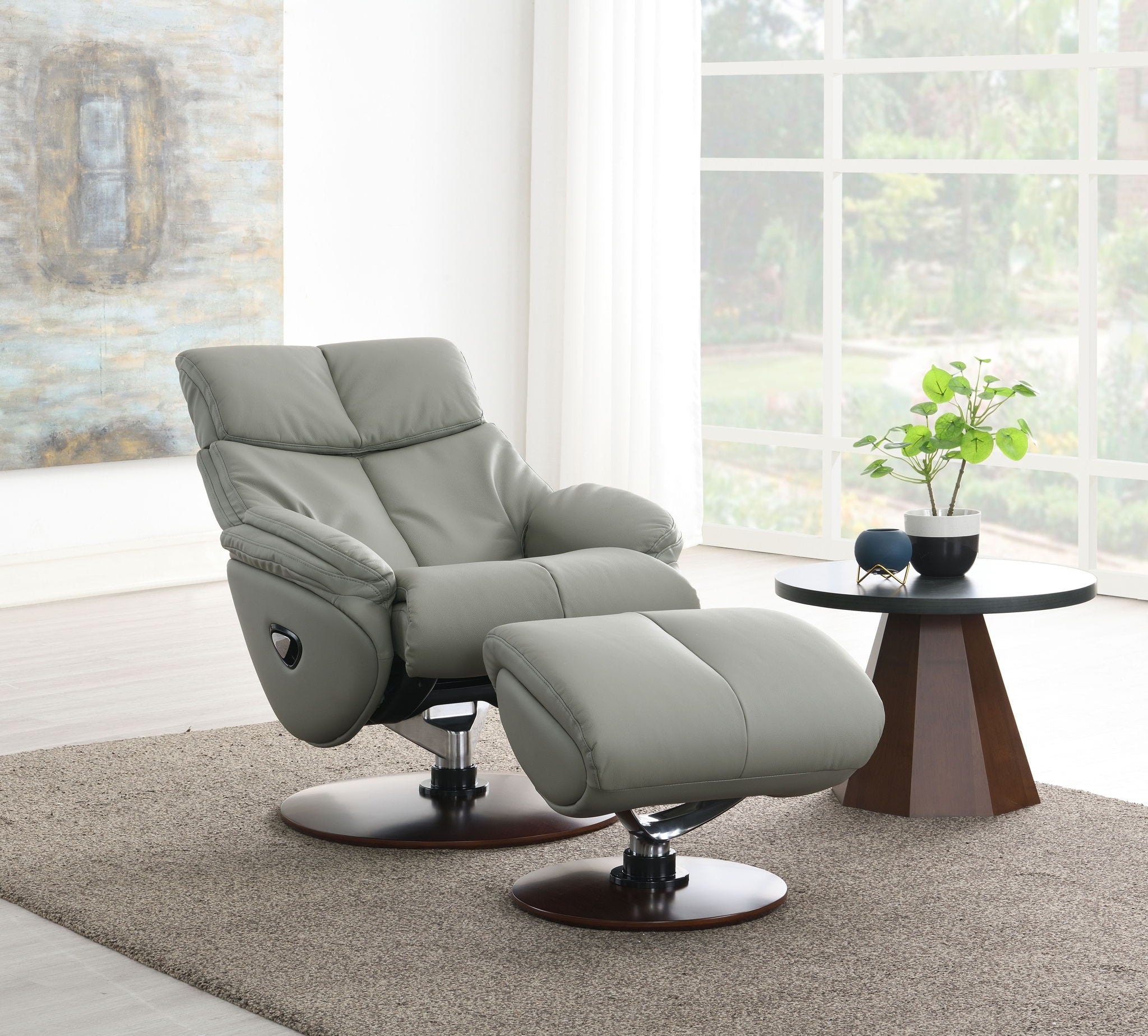 Kandoro Top Grain Leather Accent Chair With Swivel & Ottoman - Gray