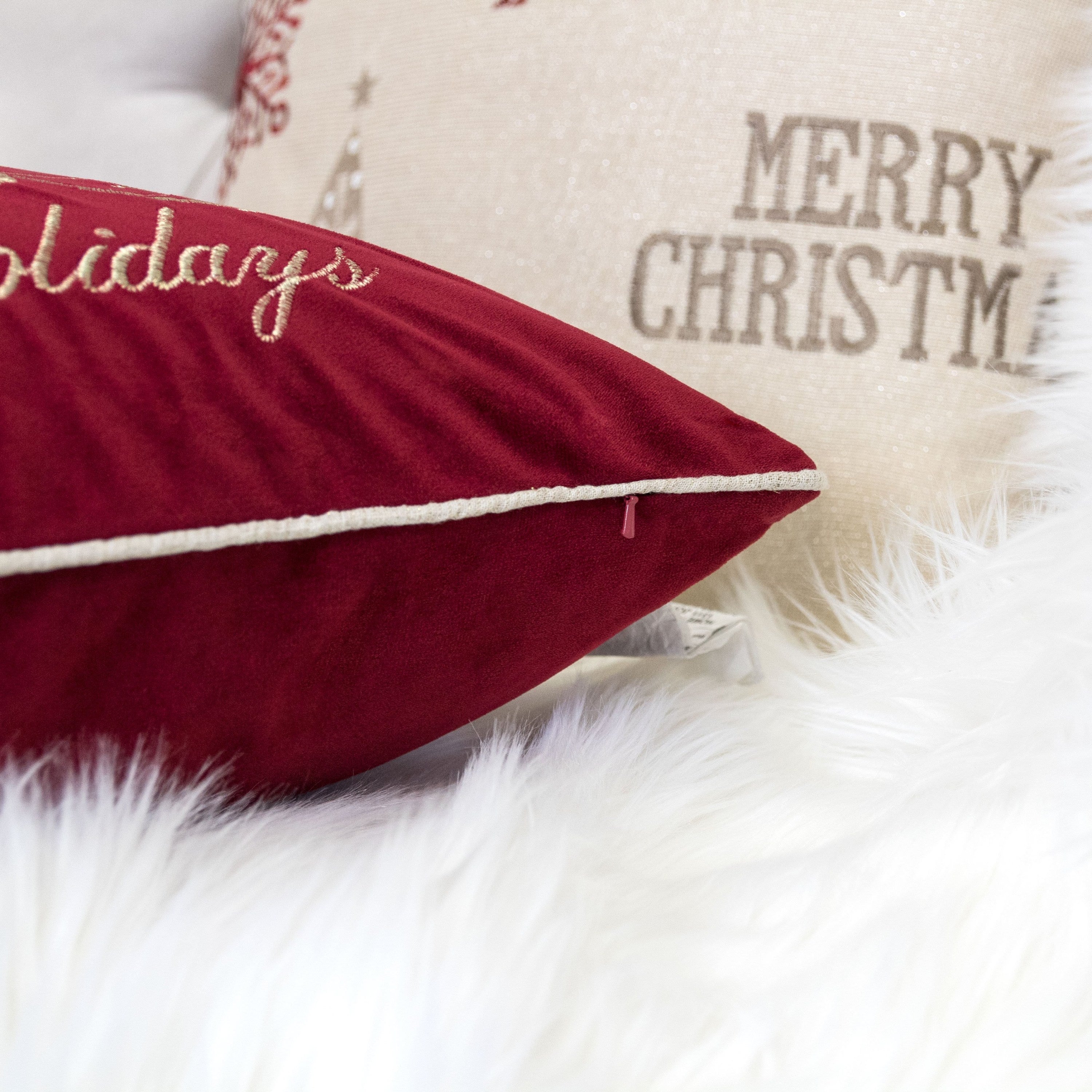 Red Velvet Holiday Pillow with Gold Embroidery