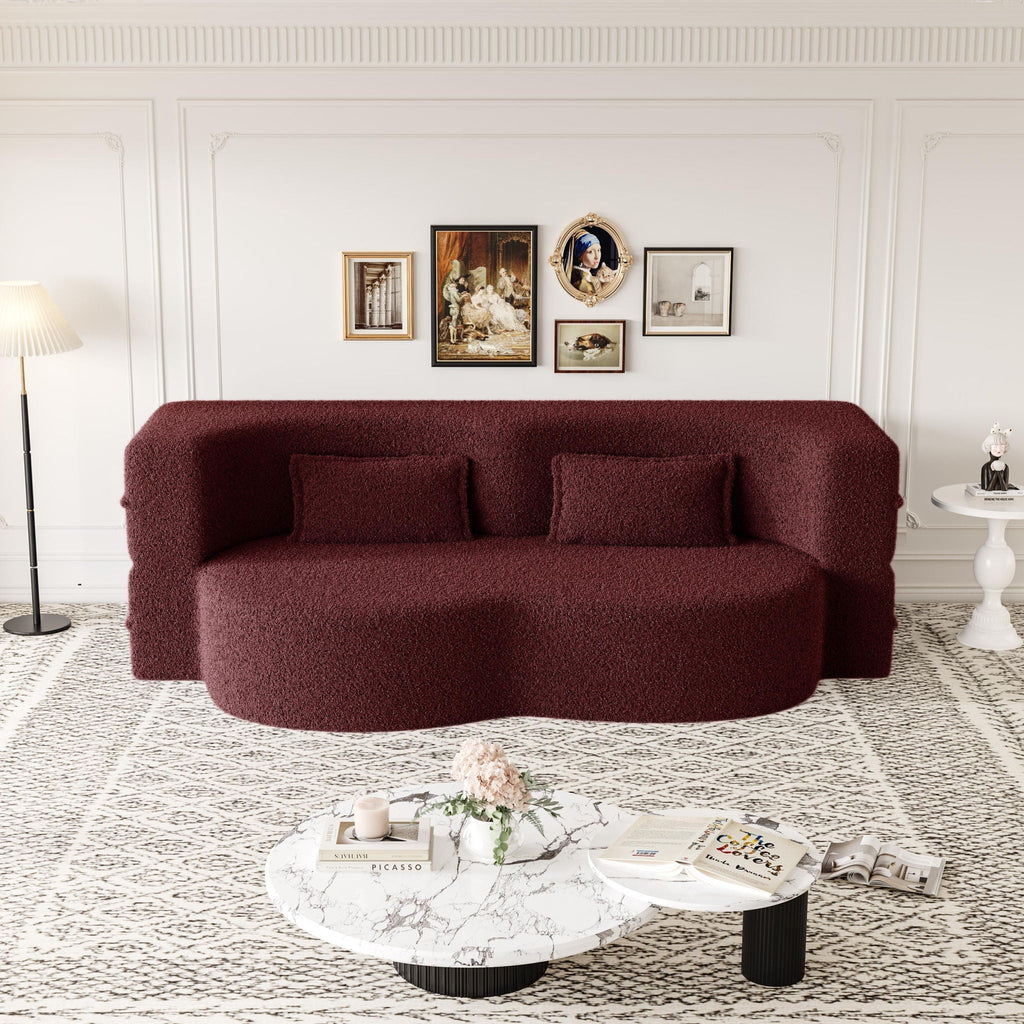 Modern Floor Sofa With Two Pillows Convertible Teddy Fabric Foam Filled Bed