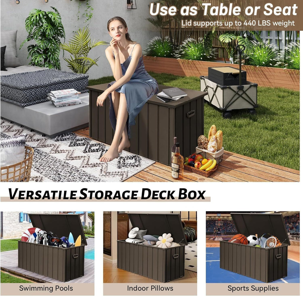 190 Gallon Metal Deck Box, Waterproof Steel Outdoor Storage Cabinet