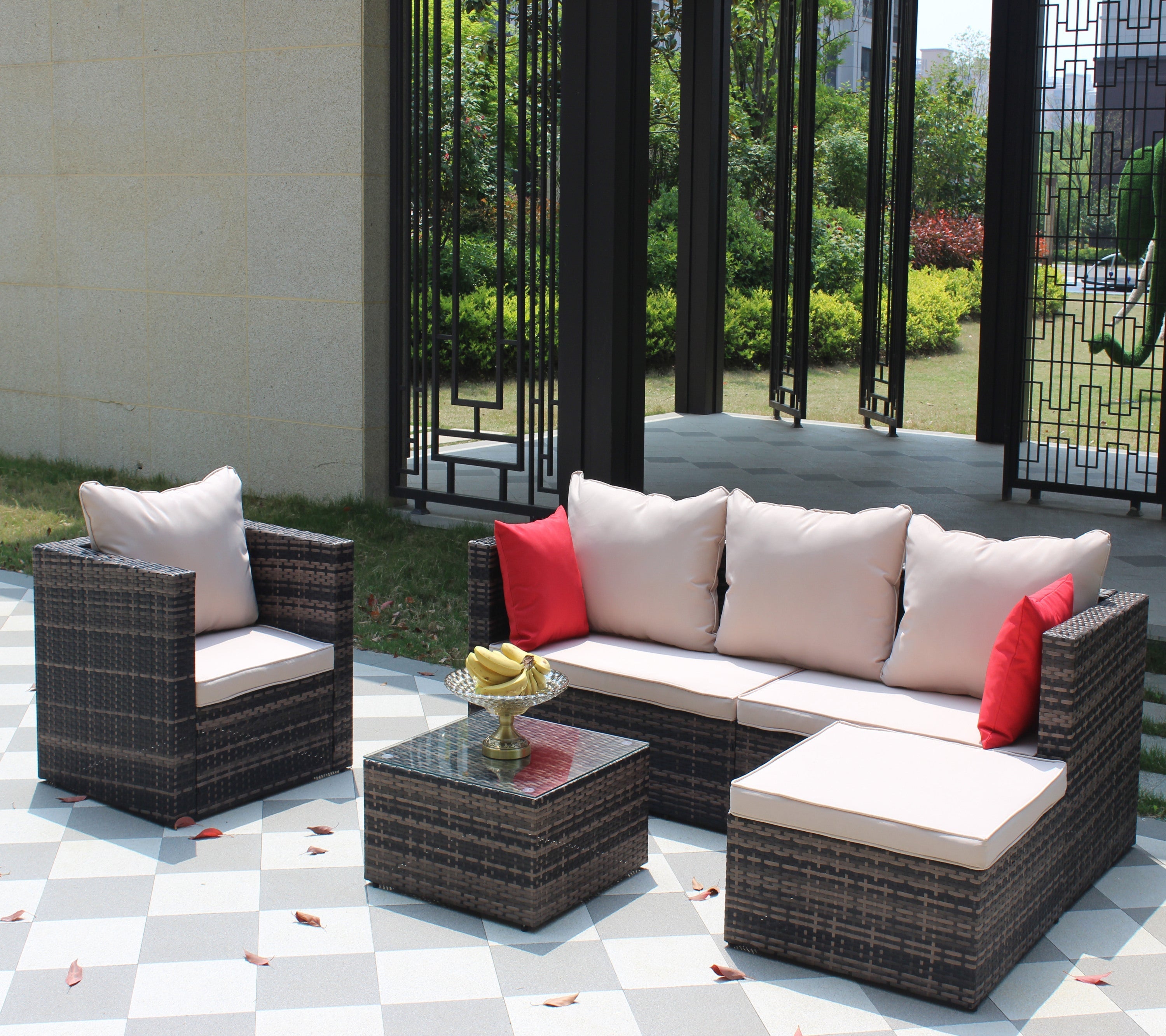 Rattan Patio Furniture Set Wicker Sofa Cushioned Sectional (4 Pieces, Brown)